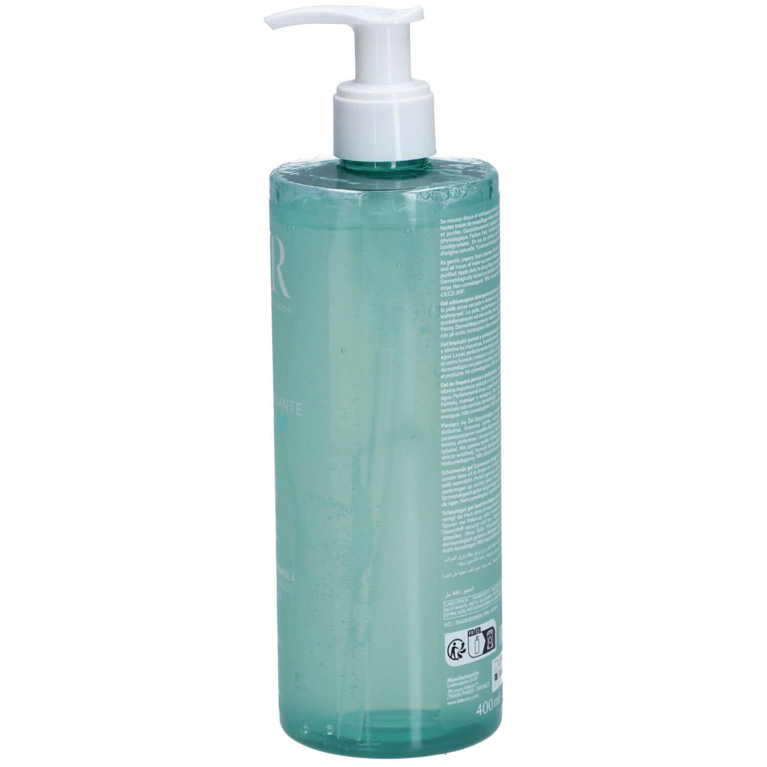 Durchsichtige Flasche mit Pumpspender, gefüllt mit hellgrüner Flüssigkeit. 400ml.