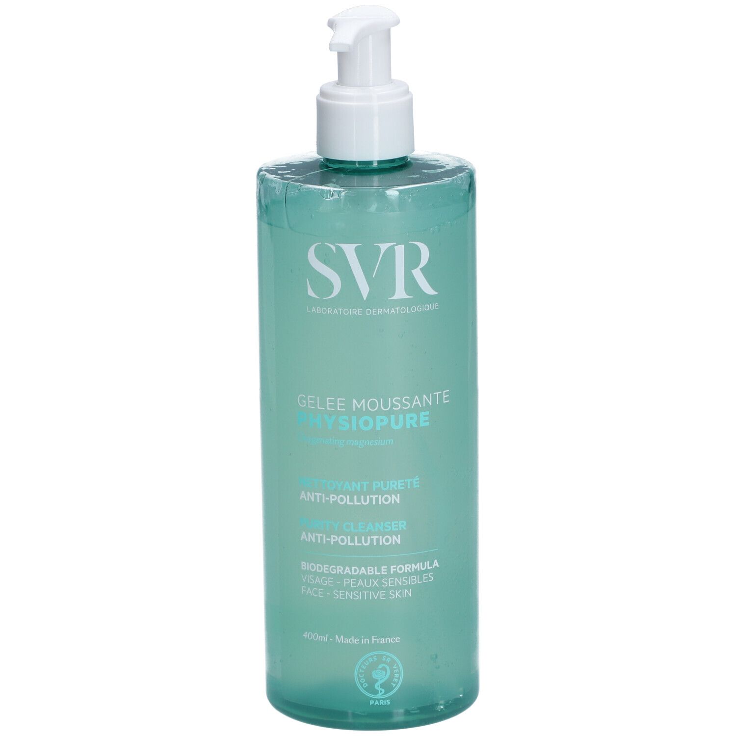 SVR Physiopure Gelee Moussante, 400ml Spenderflasche mit Pumpspender.