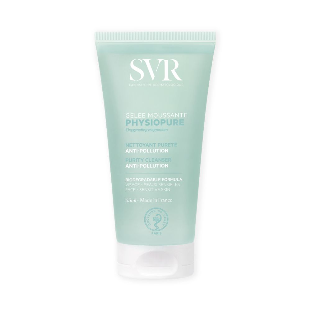 Turquoise tube met witte dop. Opschrift SVR, Gelée Moussante Physiopure, reiniger voor gevoelige huid. Zegel.