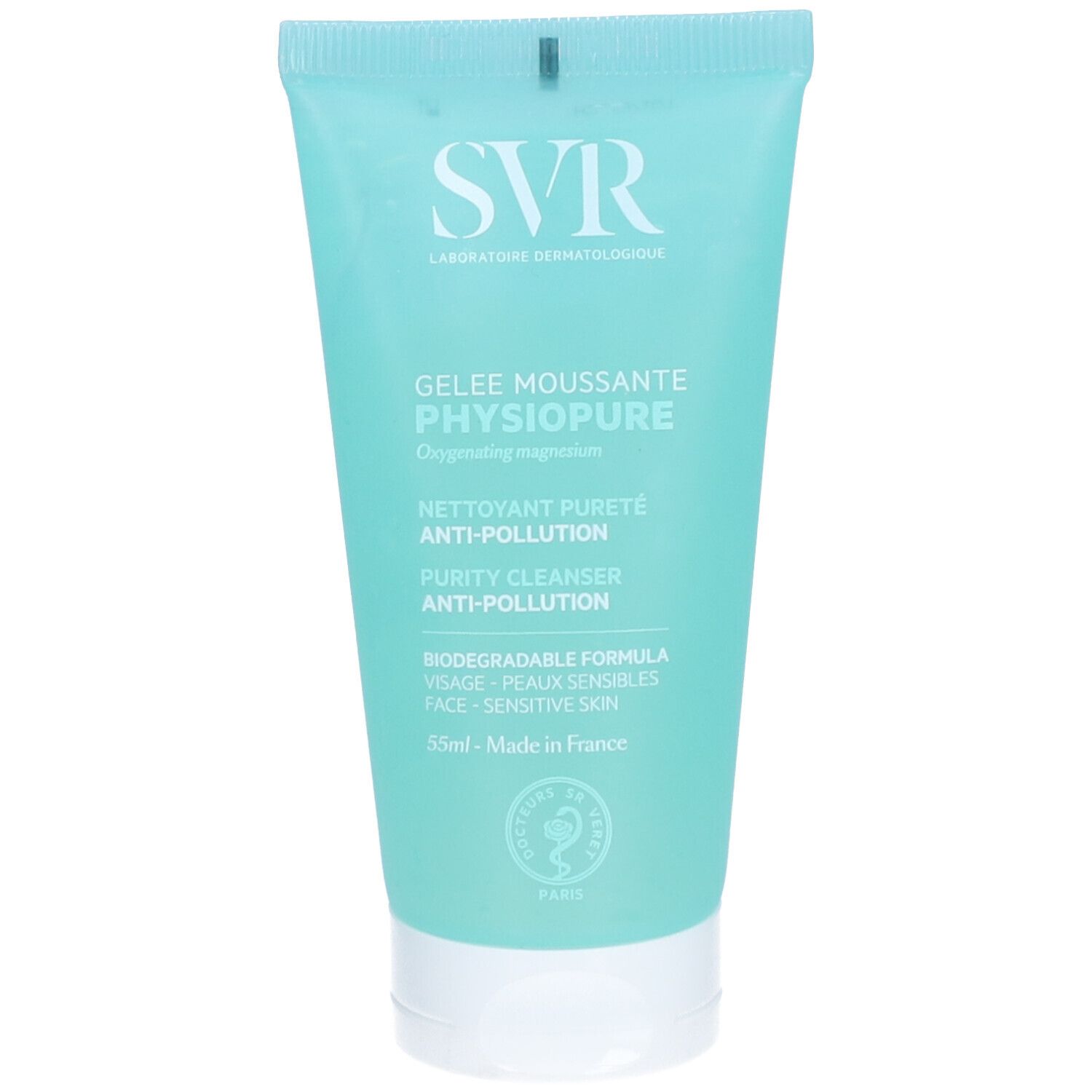 Turquoise tube met witte dop. Opschrift SVR, Gelée Moussante Physiopure, reiniger voor gevoelige huid. Zegel.