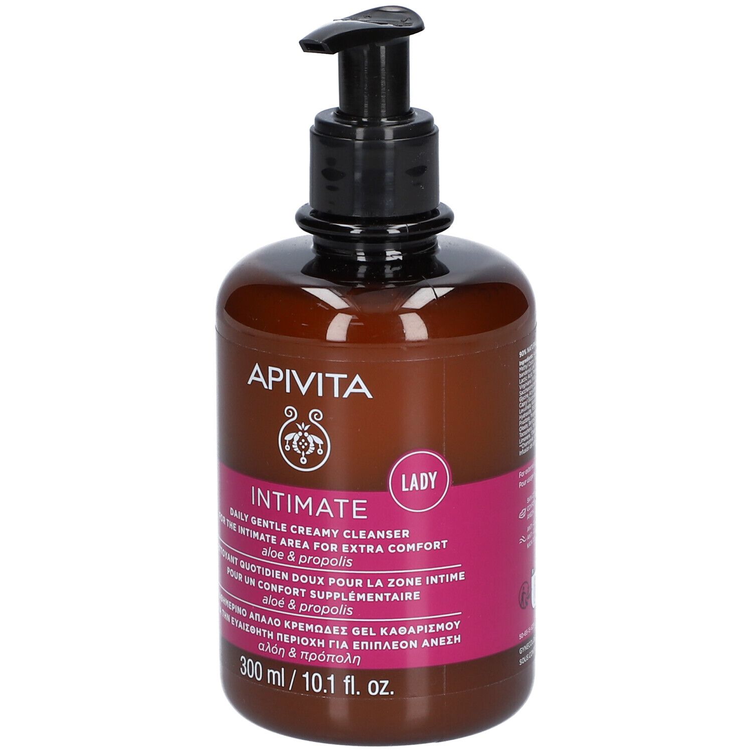Braune Flasche mit schwarzem Pumpverschluss. Aufschrift: APIVITA Intimate, 300 ml.