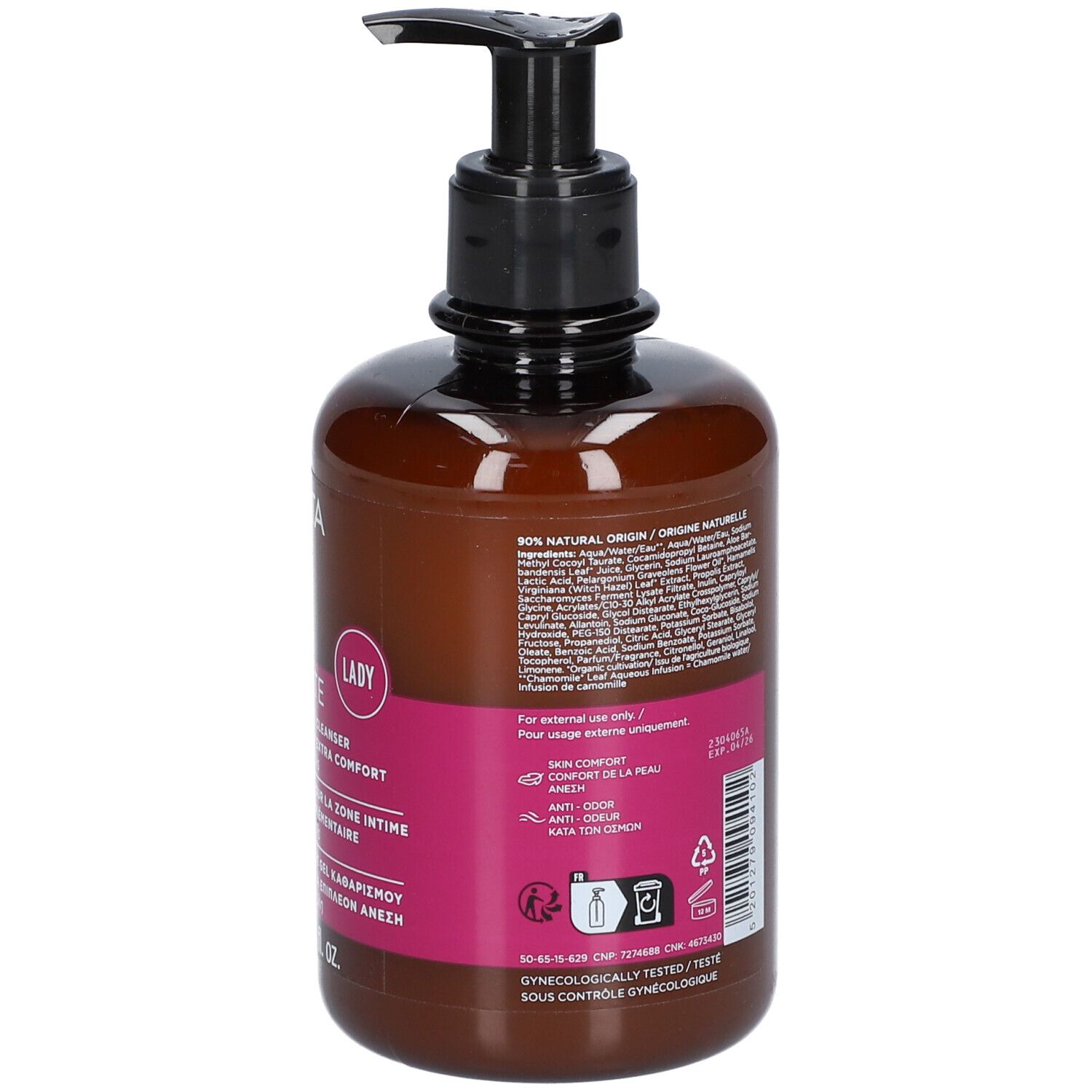 Rückseite der Flasche mit Produktinformationen. Braune Flasche mit schwarzem Pumpverschluss.