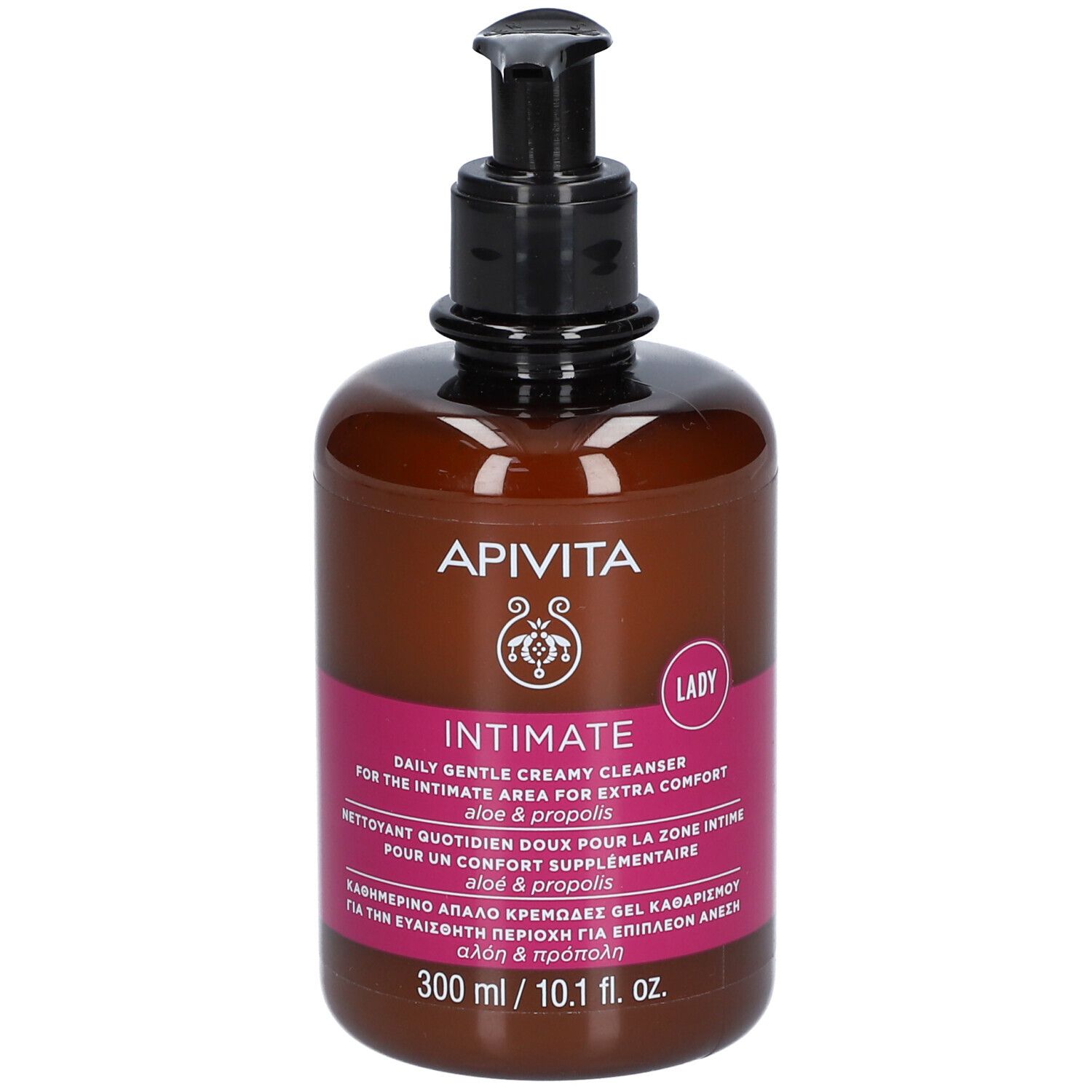 Braune Flasche mit schwarzem Pumpverschluss. Aufschrift: APIVITA Intimate, 300 ml.