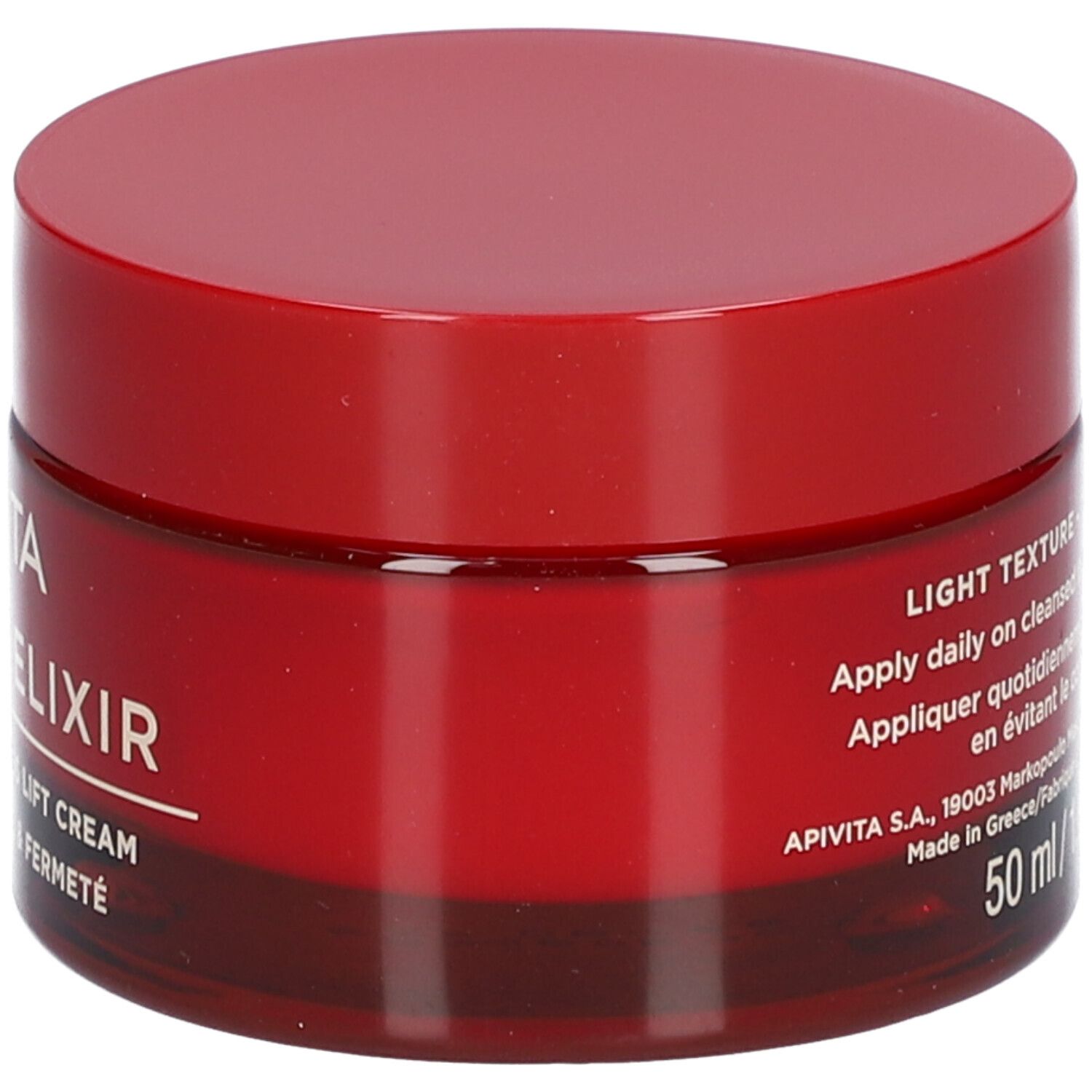 Roter Tiegel mit Deckel. Aufschrift: Apivita Beevine Elixir. Text: 50 ml.