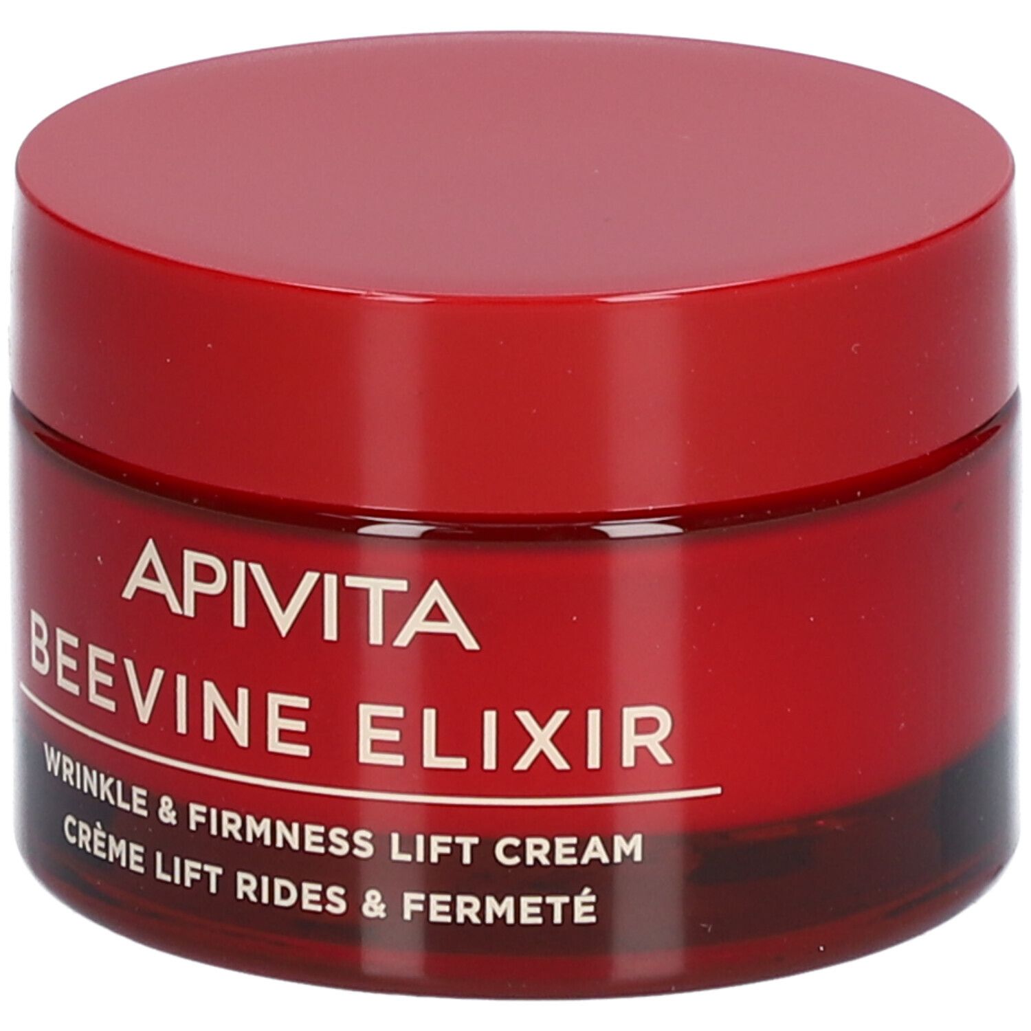 Roter Tiegel mit Deckel. Aufschrift: Apivita Beevine Elixir. Creme für Falten und Festigkeit.