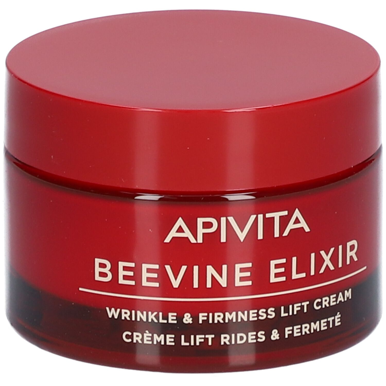Roter Tiegel mit Deckel. Aufschrift: Apivita Beevine Elixir. Creme für Falten und Festigkeit.