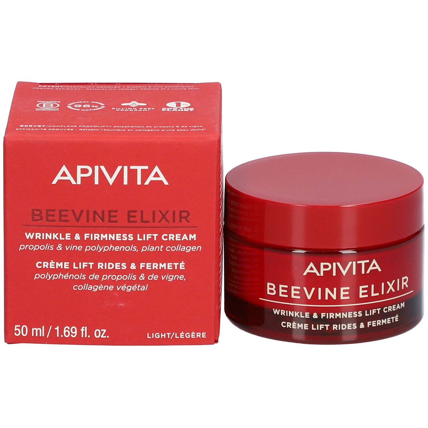 Roter Tiegel und Schachtel. Aufschrift: Apivita Beevine Elixir. Creme für Falten und Festigkeit.