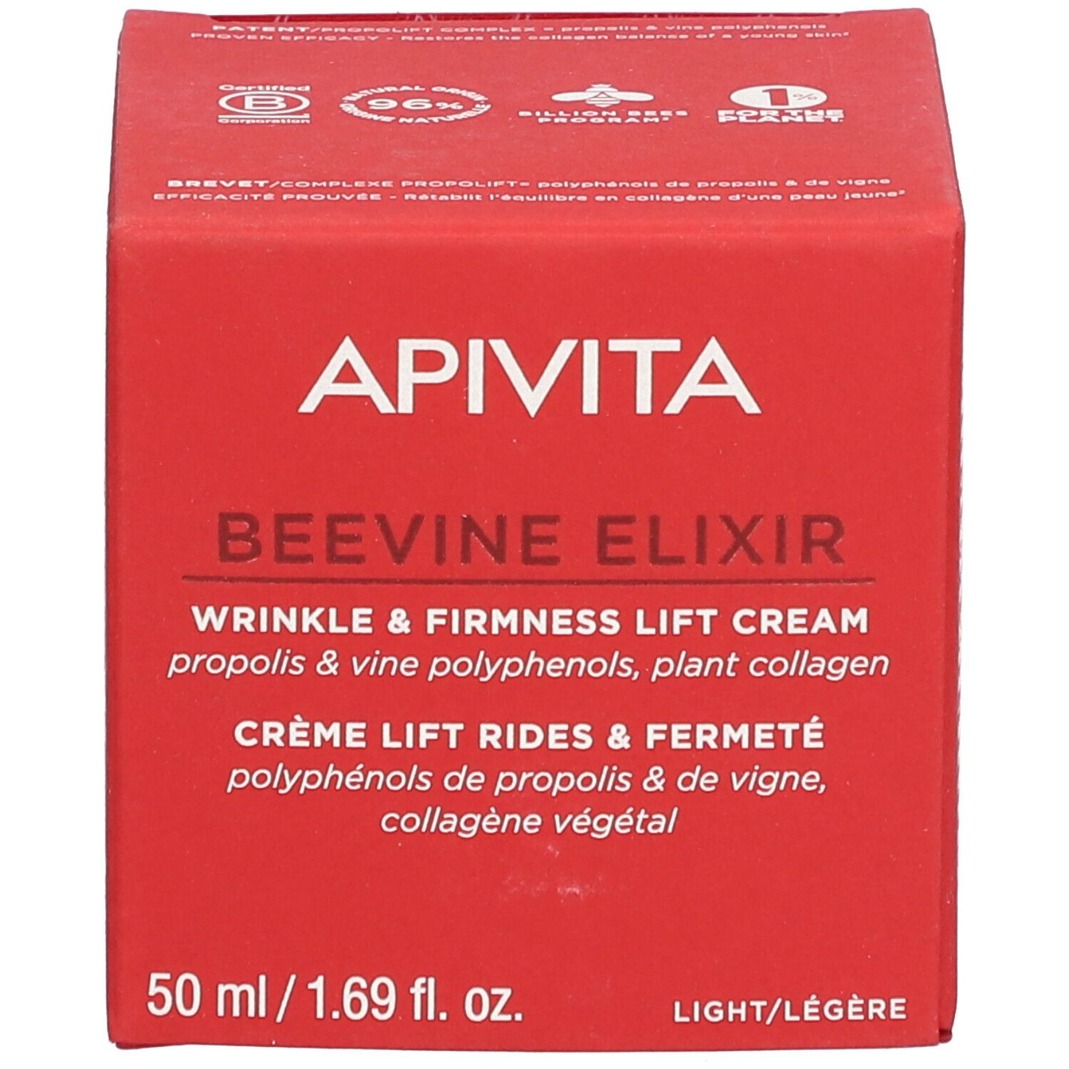 Rote Schachtel. Aufschrift: Apivita Beevine Elixir. Creme für Falten und Festigkeit. 50 ml.