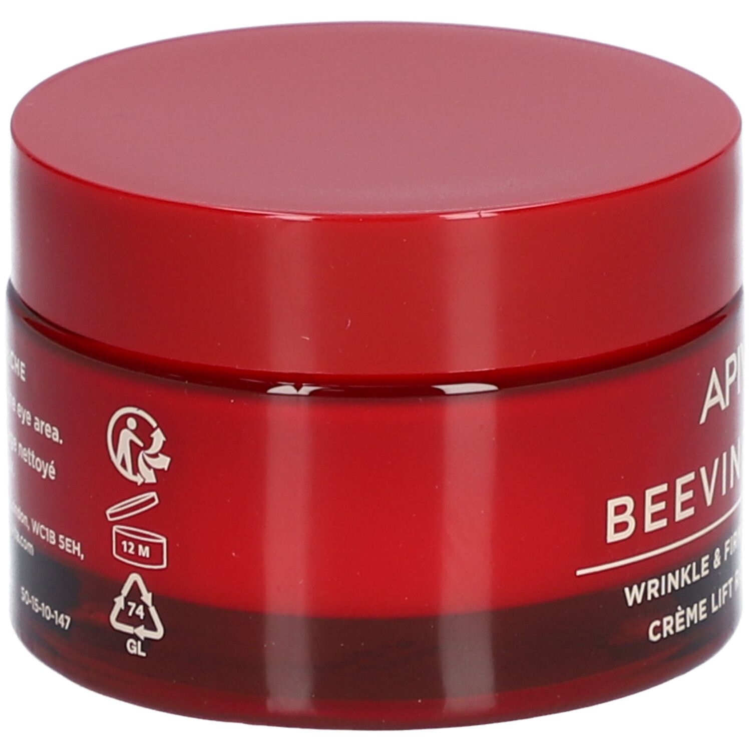 Roter Tiegel mit Deckel. Aufschrift: APIVITA BEEVINE ELIXIR. Informationen zur Anwendung und Recycling.