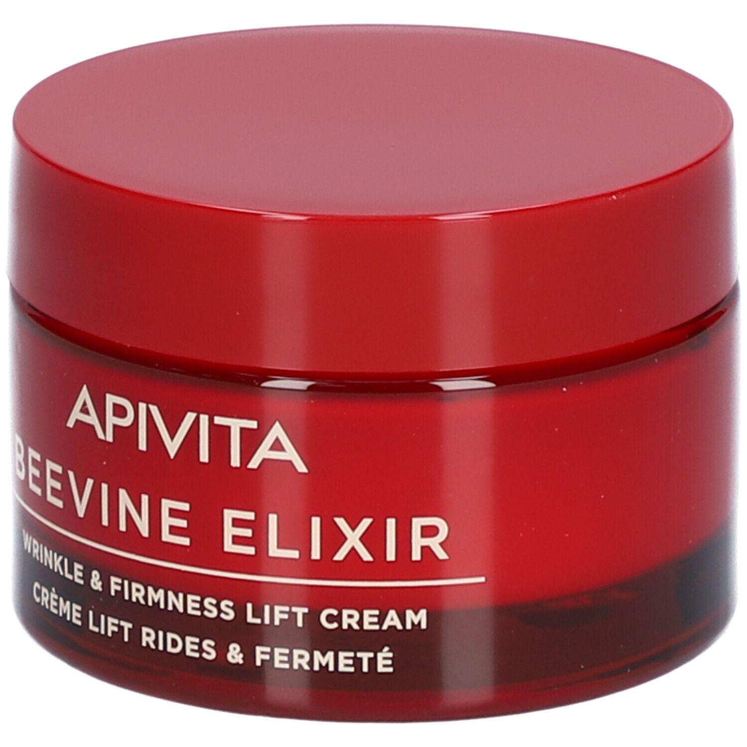 Roter Tiegel mit Deckel. Aufschrift: APIVITA BEEVINE ELIXIR. Creme gegen Falten und für mehr Festigkeit.