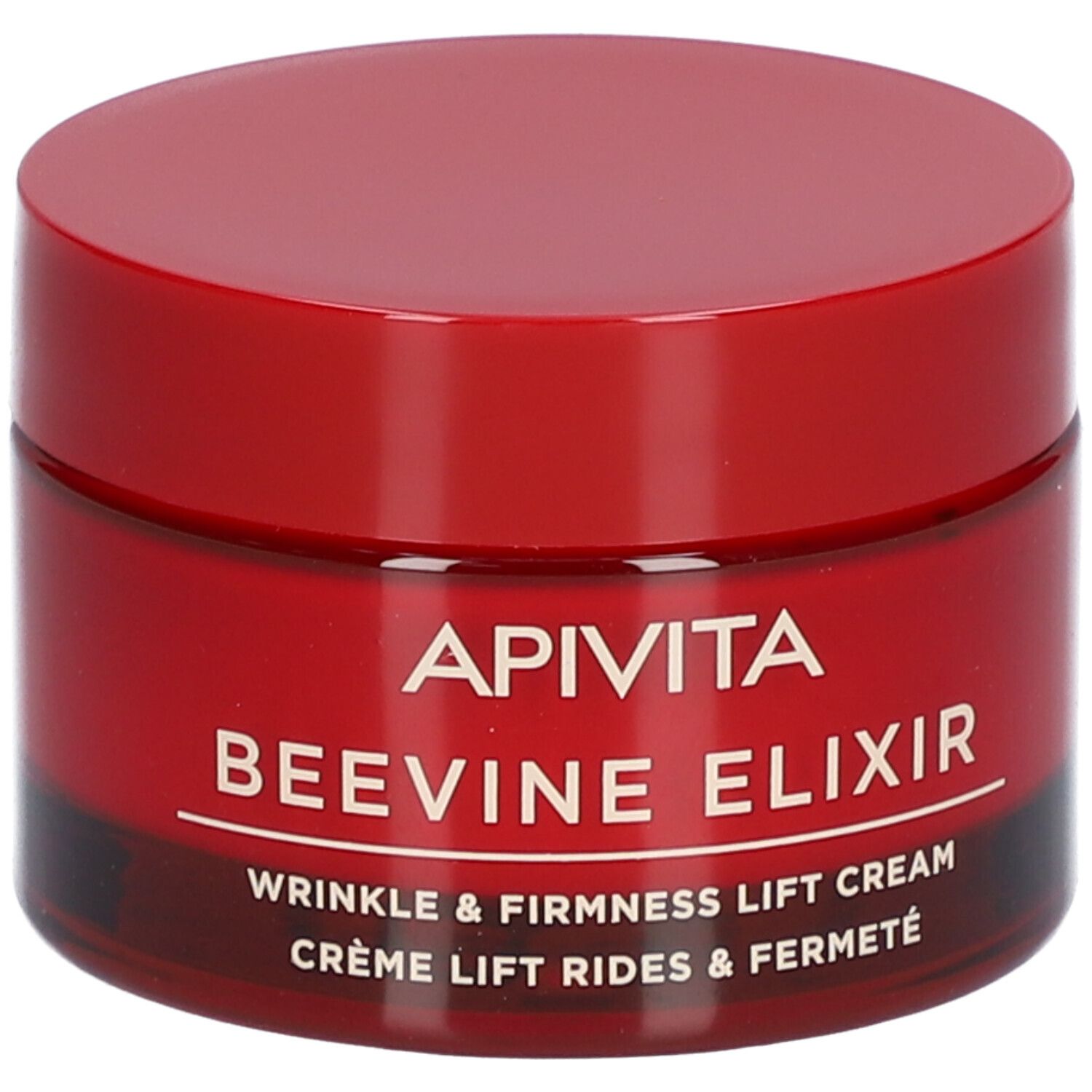 Roter Tiegel mit Deckel. Aufschrift: APIVITA BEEVINE ELIXIR. Creme gegen Falten und für mehr Festigkeit.