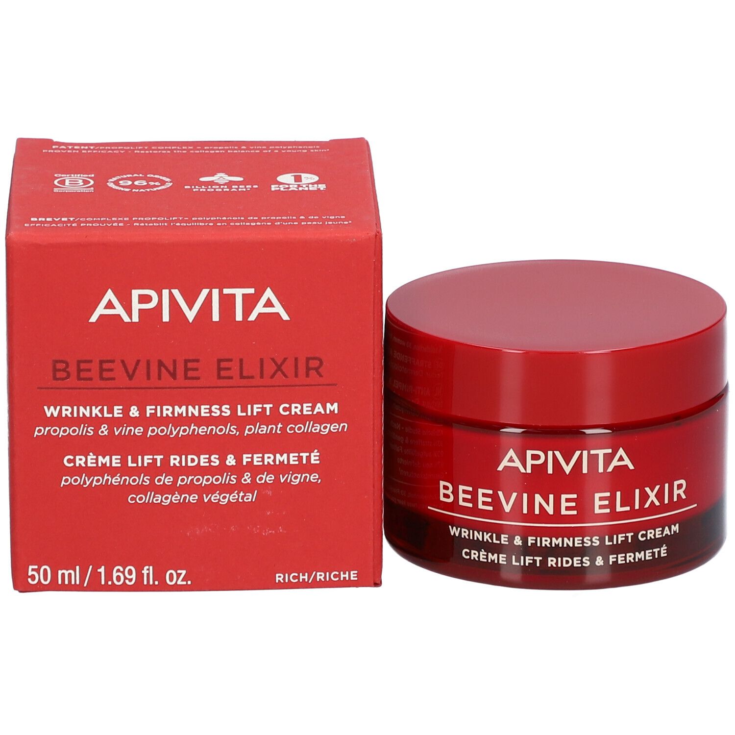 Roter Tiegel und Schachtel. Aufschrift: APIVITA BEEVINE ELIXIR. Creme gegen Falten und für mehr Festigkeit.