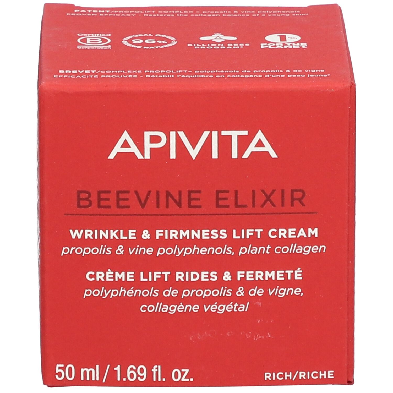 Rote Schachtel. Aufschrift: APIVITA BEEVINE ELIXIR. Creme gegen Falten und für mehr Festigkeit. Inhaltsstoffe.