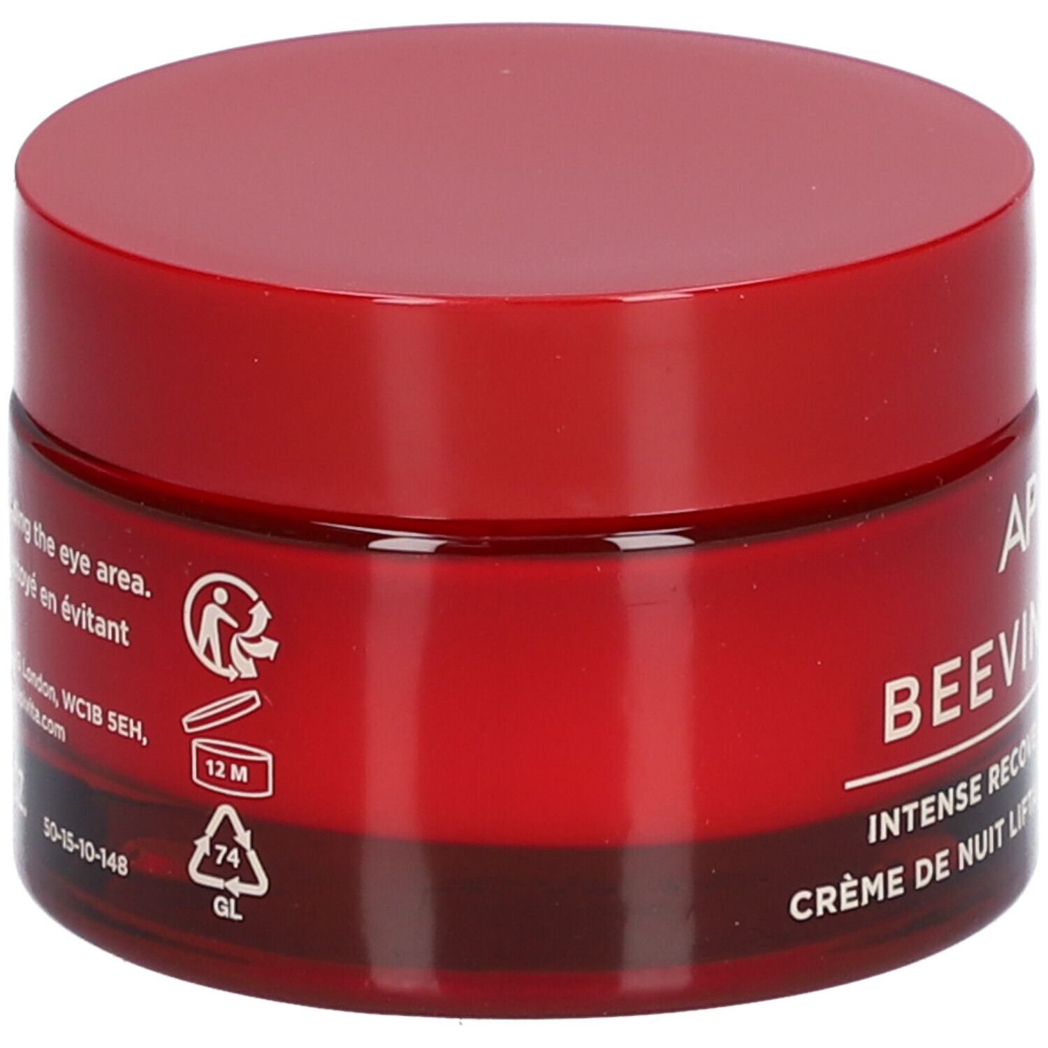 Roter Tiegel mit Deckel. Aufschrift: APIVITA BEEVINE ELIXIR. Creme de nuit liftante réparation intense.