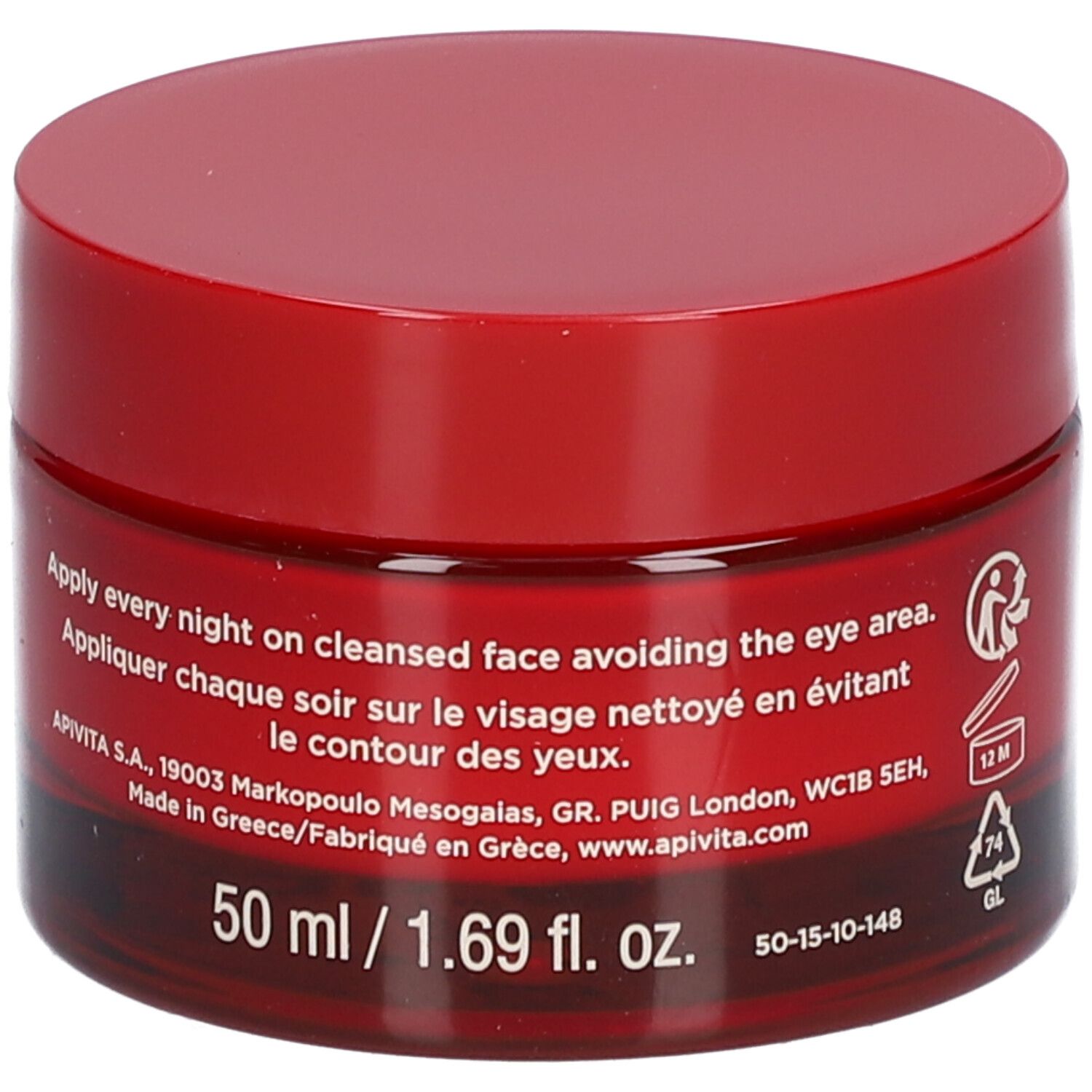 Roter Tiegel mit Deckel. Aufschrift: APIVITA BEEVINE ELIXIR. Creme de nuit liftante réparation intense.