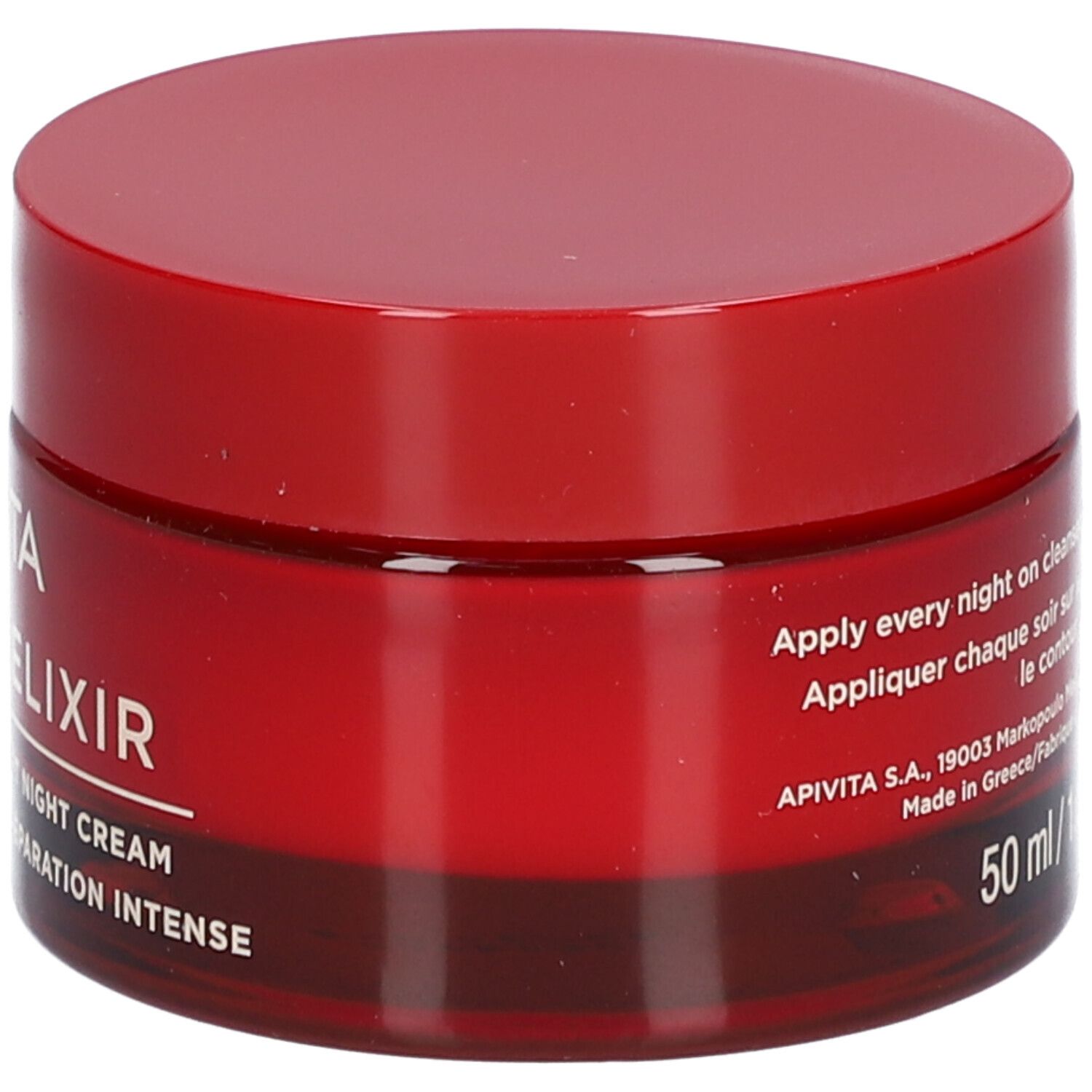 Roter Tiegel mit Deckel. Aufschrift: APIVITA BEEVINE ELIXIR. Creme de nuit liftante réparation intense.