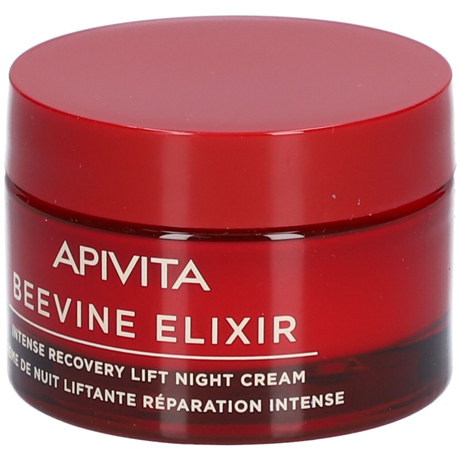 Roter Tiegel mit Deckel. Aufschrift: APIVITA BEEVINE ELIXIR. Creme de nuit liftante réparation intense.