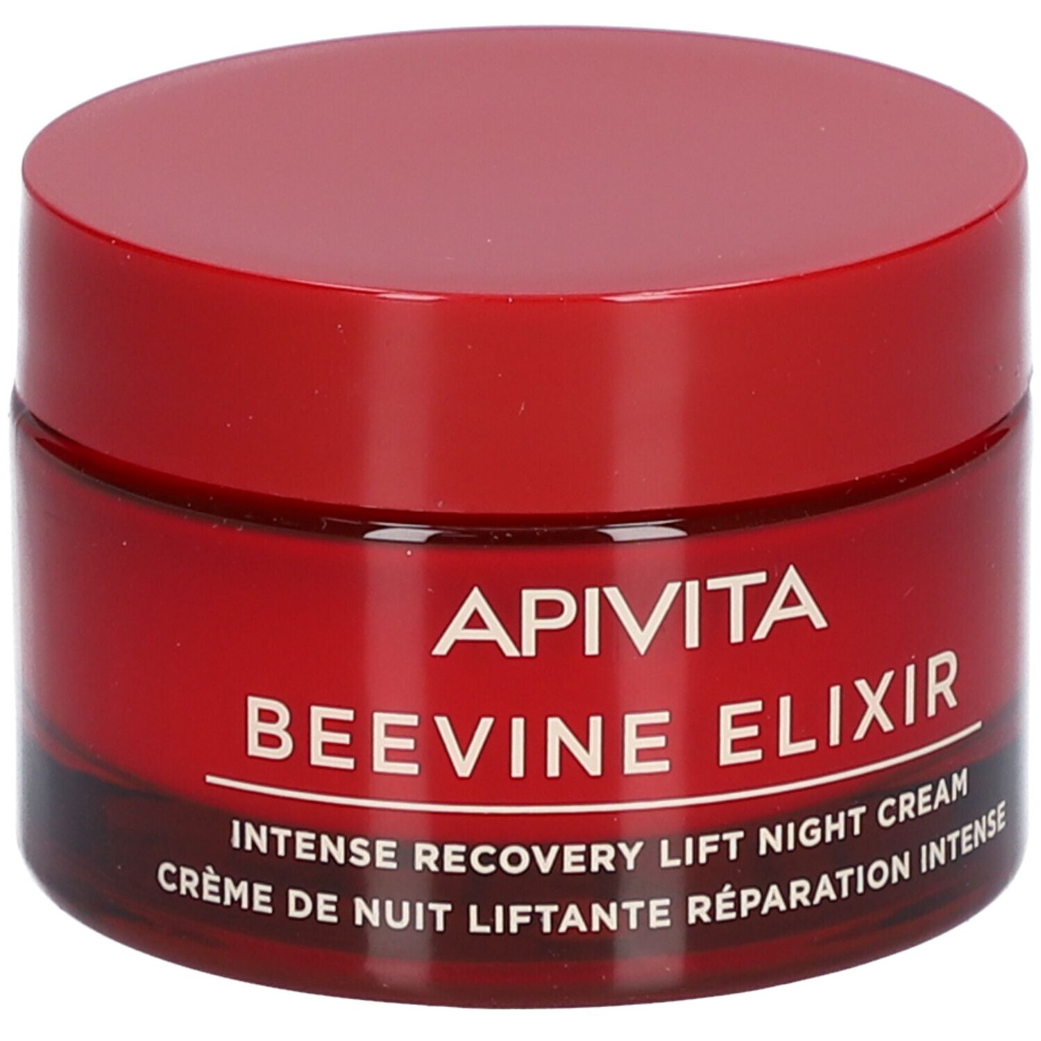 Roter Tiegel mit Deckel. Aufschrift: APIVITA BEEVINE ELIXIR. Creme de nuit liftante réparation intense.