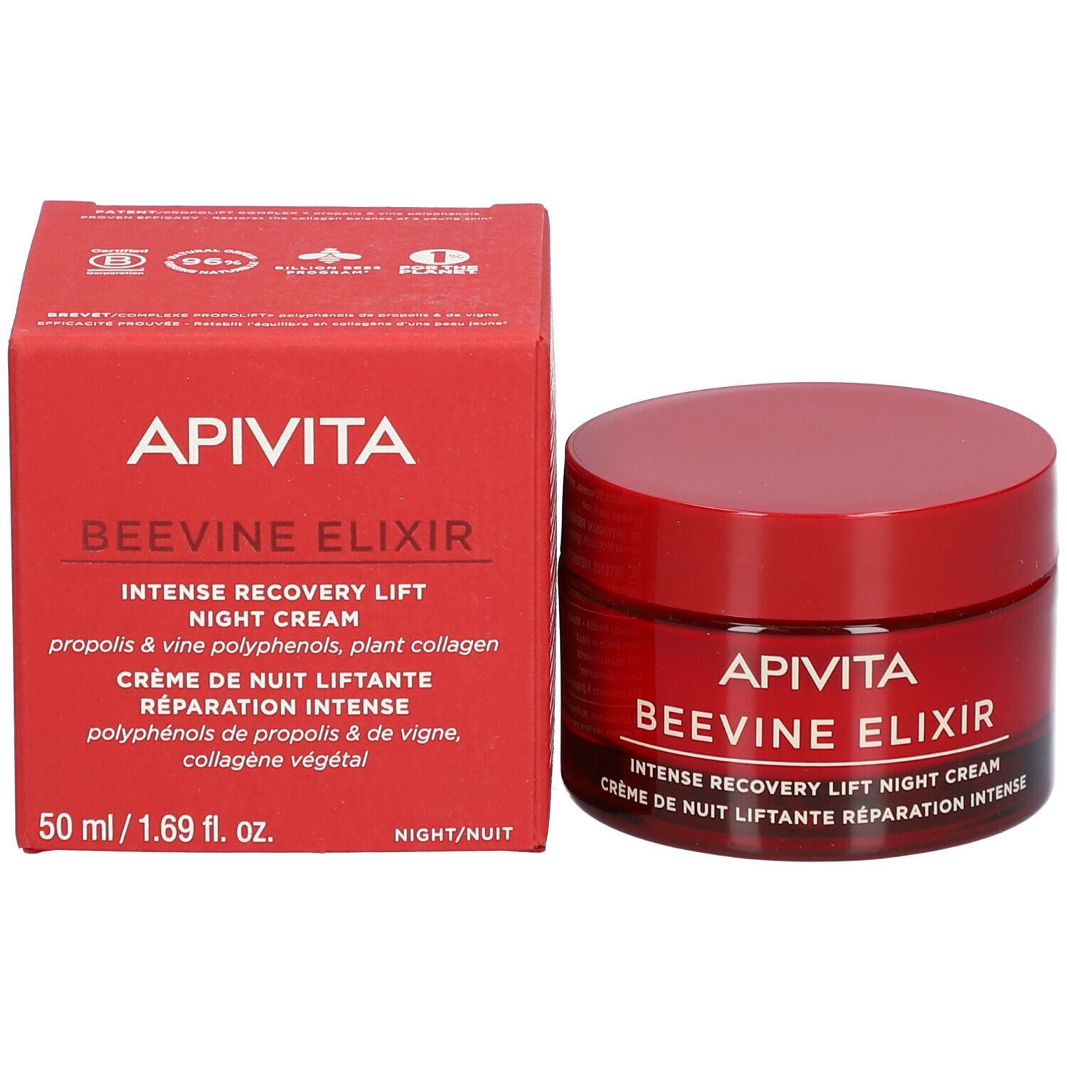 Roter Tiegel und Schachtel. Aufschrift: APIVITA BEEVINE ELIXIR. Creme de nuit liftante réparation intense.