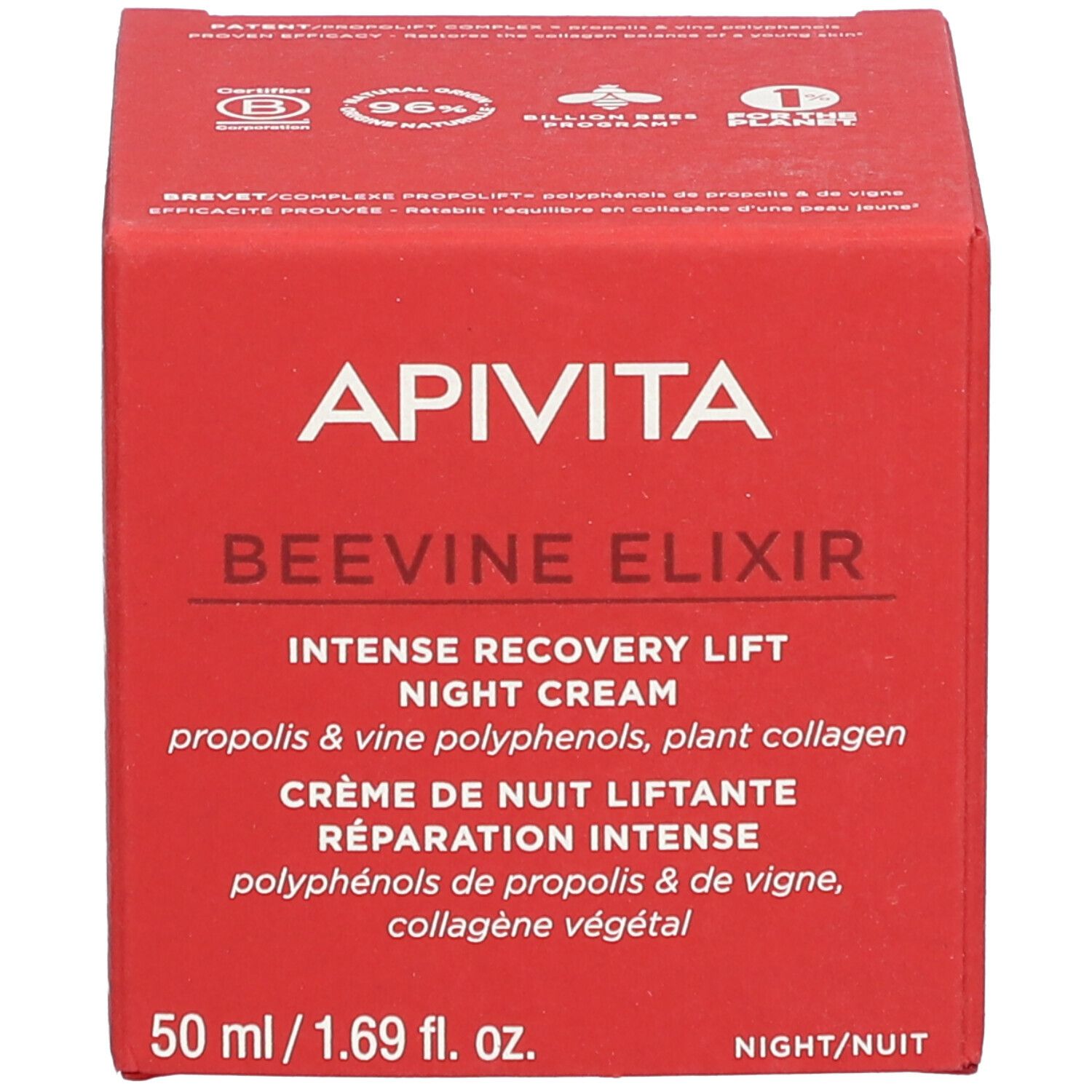 Rote Schachtel. Aufschrift: APIVITA BEEVINE ELIXIR. Creme de nuit liftante réparation intense.