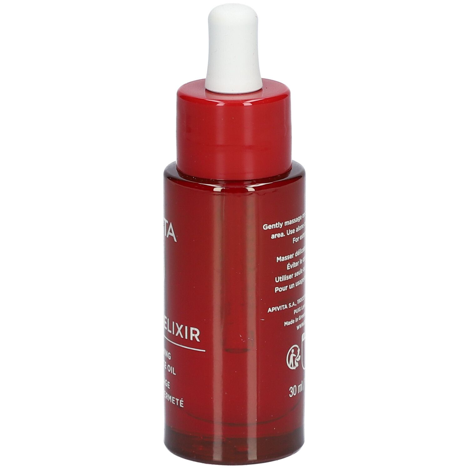Flacon rouge avec compte-gouttes blanc. Inscription: APIVITA BEEVINE ELIXIR. Huile visage.