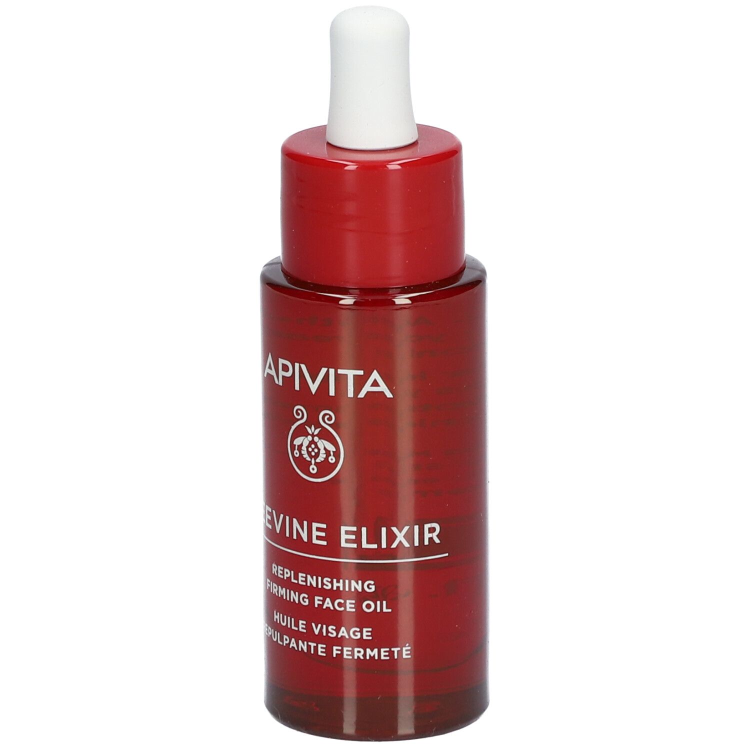 Flacon rouge avec compte-gouttes blanc. Inscription: APIVITA BEEVINE ELIXIR. Huile visage.