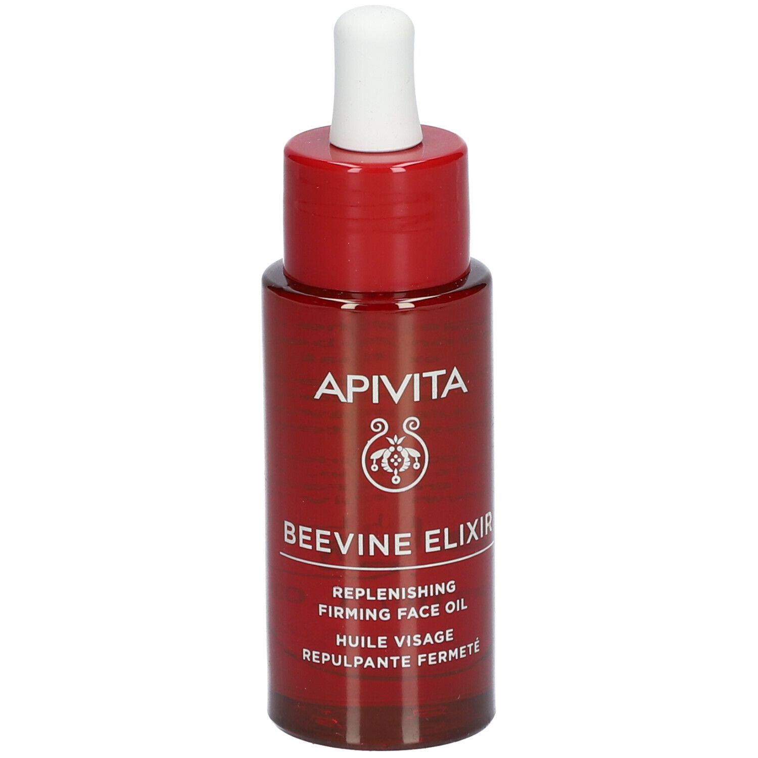 Flacon rouge avec compte-gouttes blanc. Inscription: APIVITA BEEVINE ELIXIR. Huile visage.