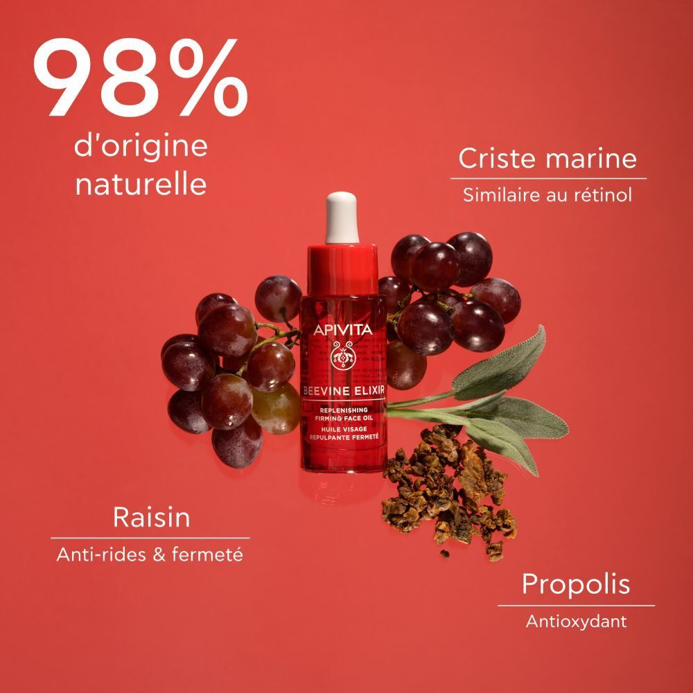 Boîte rouge avec inscription APIVITA BEEVINE ELIXIR. Huile visage. 30 ml.