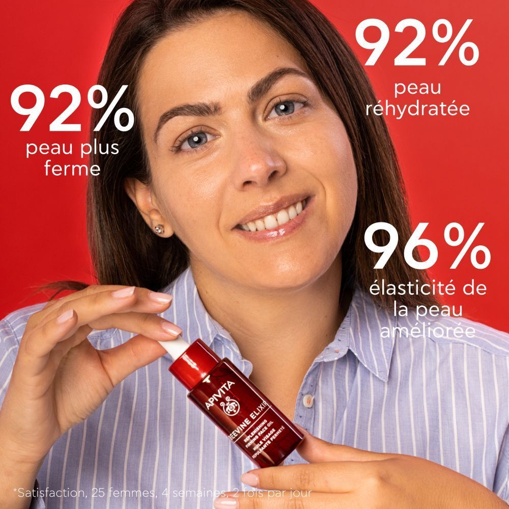 Flacon rouge avec compte-gouttes blanc. Inscription: APIVITA BEEVINE ELIXIR. Huile visage.