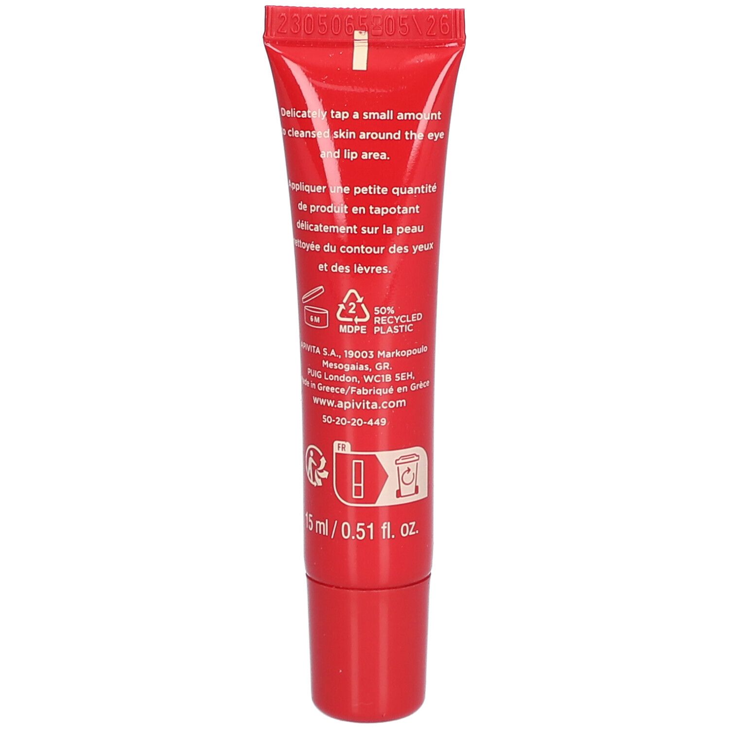 Rückseite der roten Tube. Text in mehreren Sprachen. 15 ml/0,51 fl. oz.
