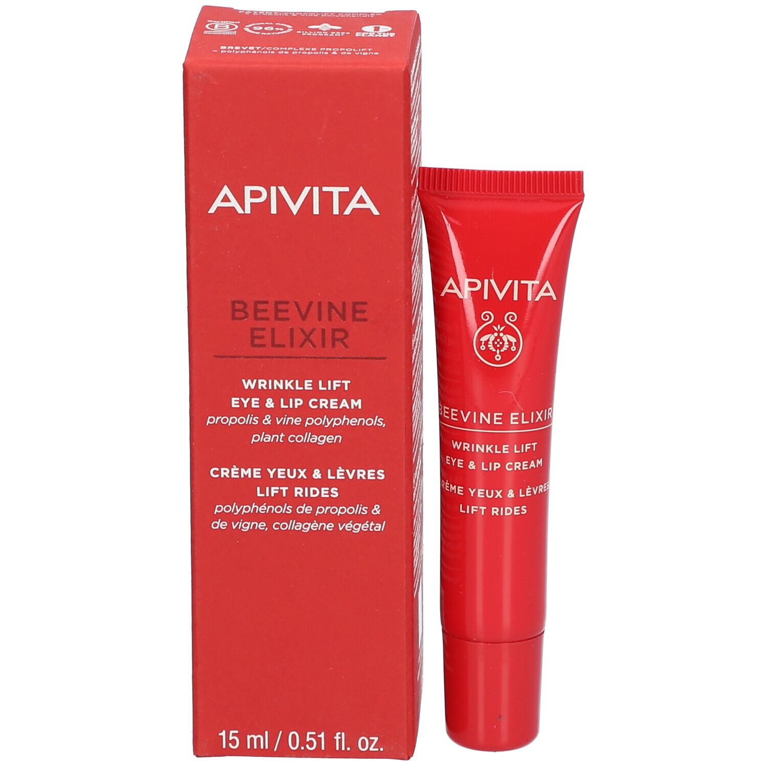 Rote Schachtel und Tube. APIVITA BEEVINE ELIXIR. Creme für Augen und Lippen. 15 ml.
