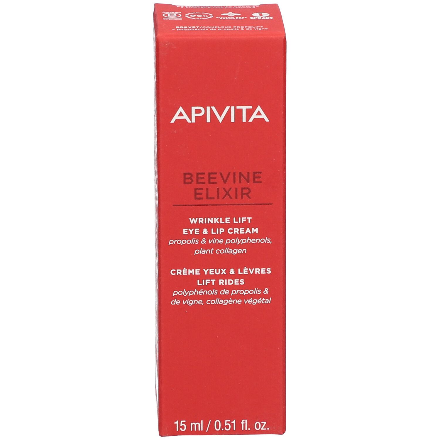 Rote Schachtel. APIVITA BEEVINE ELIXIR. Creme für Augen und Lippen. 15 ml.