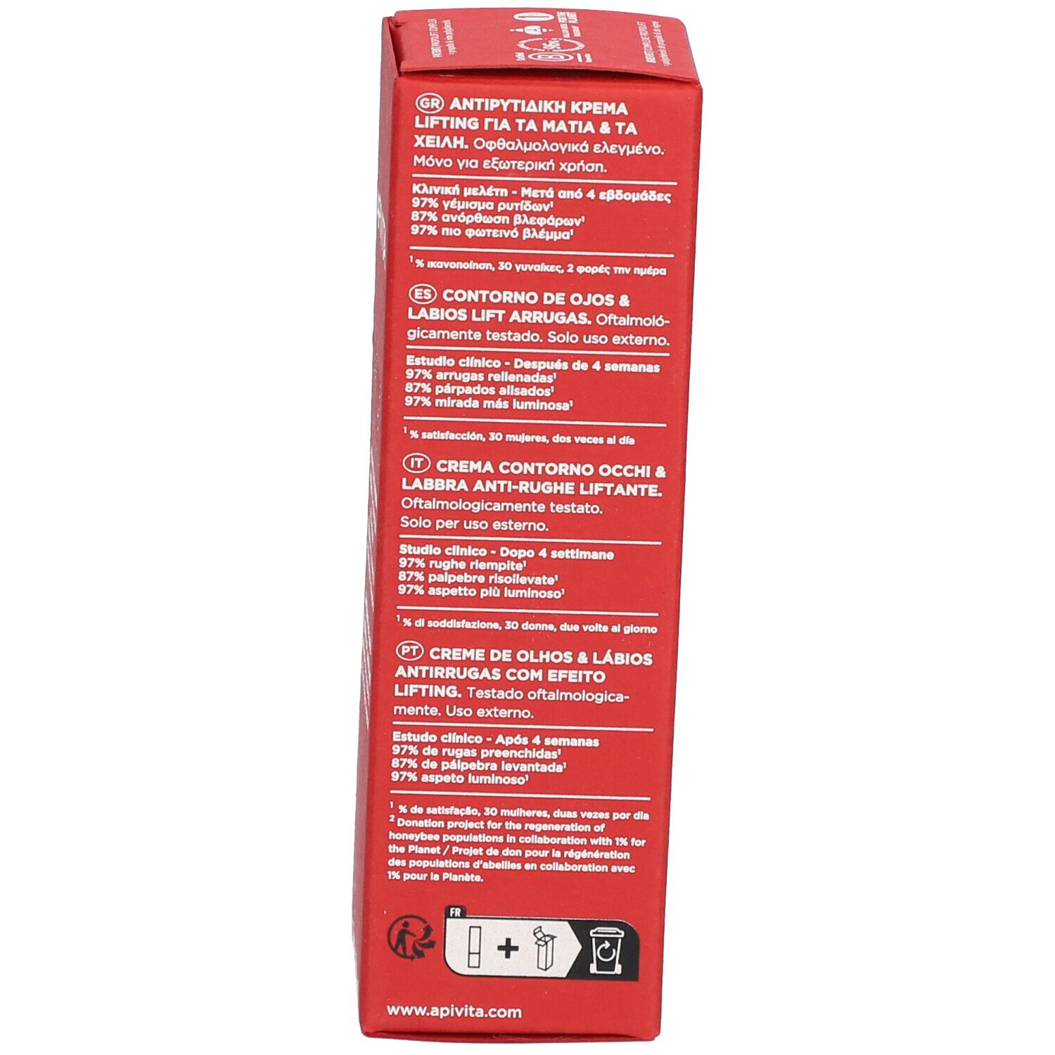 Rote Schachtel, Text in mehreren Sprachen. Informationen zur Anwendung und Inhaltsstoffen.