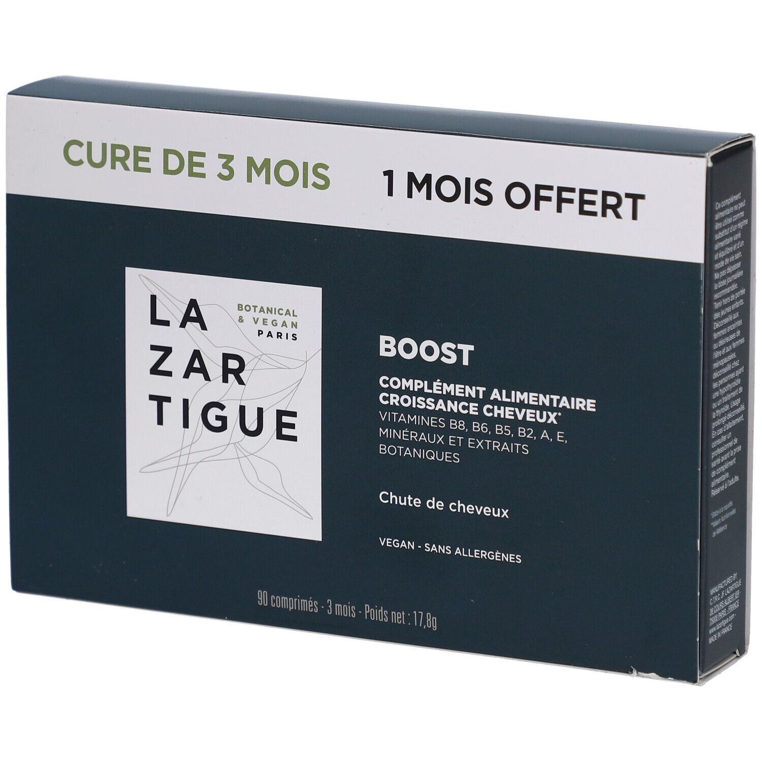 Boîte vert foncé avec logo et texte blancs. "Cure de 3 mois" et "1 mois offert" sont visibles.
