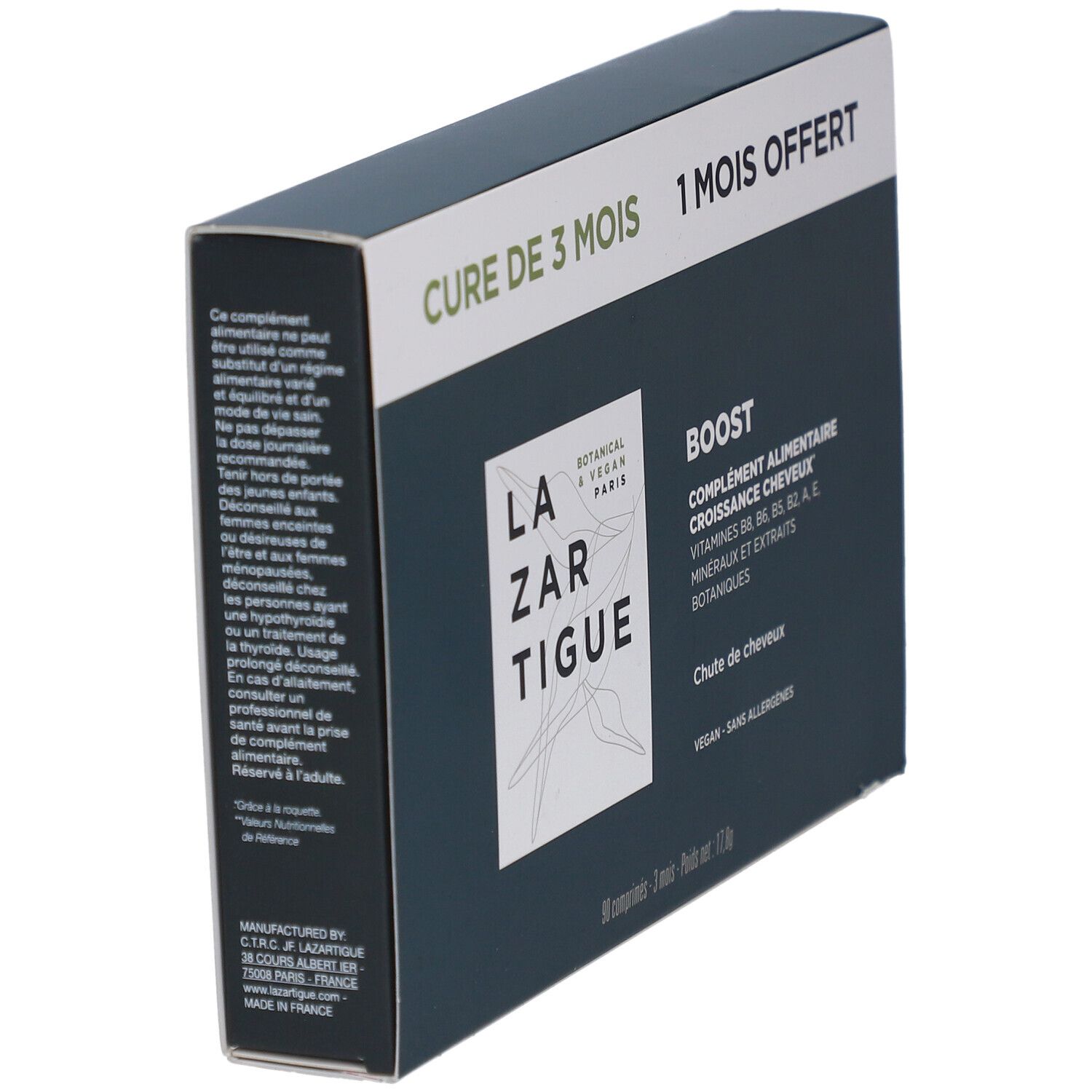 Boîte vert foncé en biais. Logo et texte visibles. "Cure de 3 mois" et "1 mois offert".