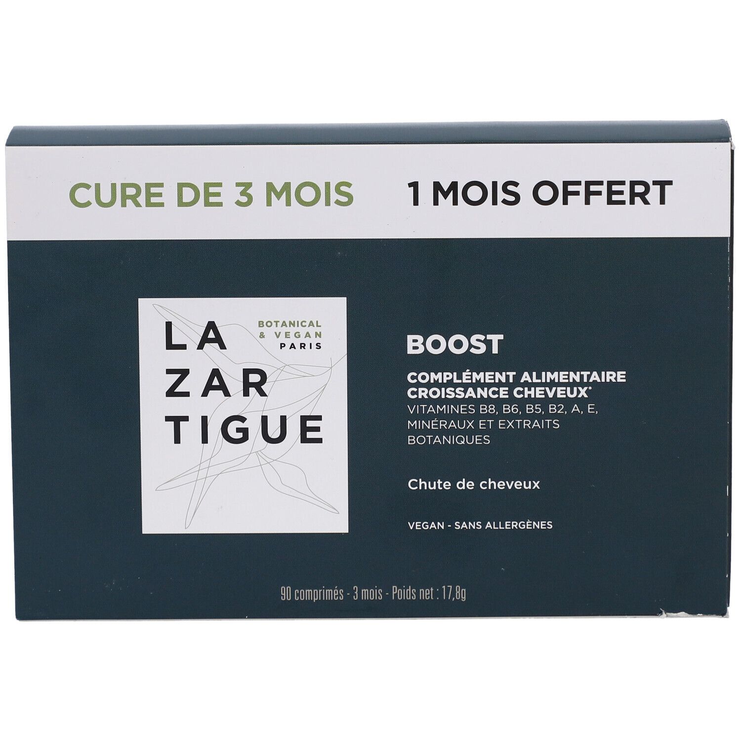 Boîte vert foncé avec logo et texte blancs. "Cure de 3 mois" et "1 mois offert" sont visibles.