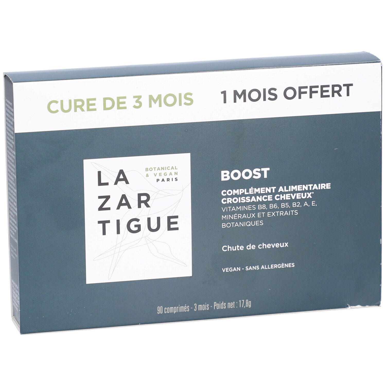 Boîte vert foncé avec logo et texte blancs. "Cure de 3 mois" et "1 mois offert" sont visibles.