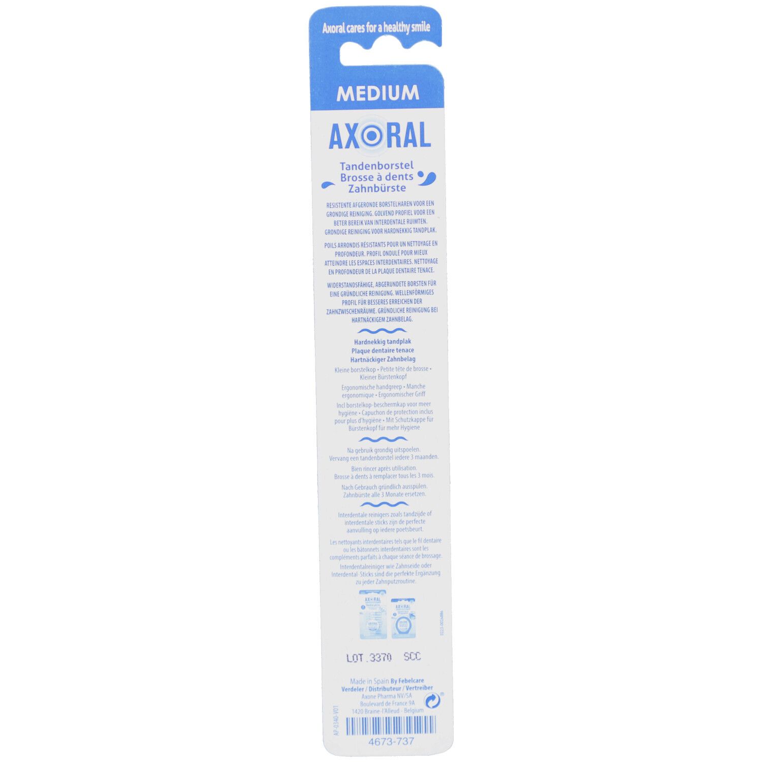 Rückseite der Verpackung. Text in mehreren Sprachen. Marke: Axoral. Produktinformationen.