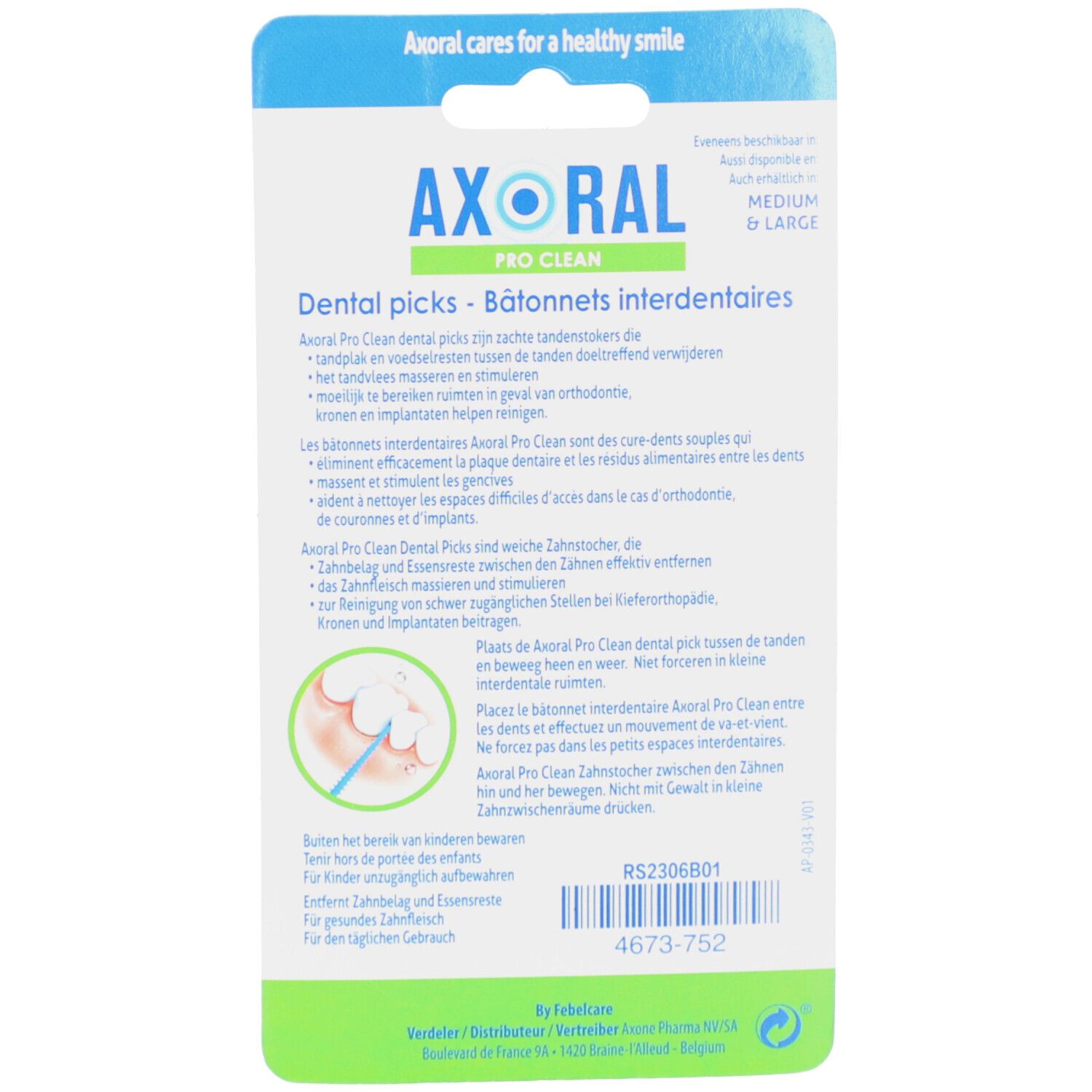 Rückseite der Axoral Pro Clean Dental Picks Verpackung. Text in Deutsch, Französisch, Niederländisch. Illustration eines Zahnstochers.