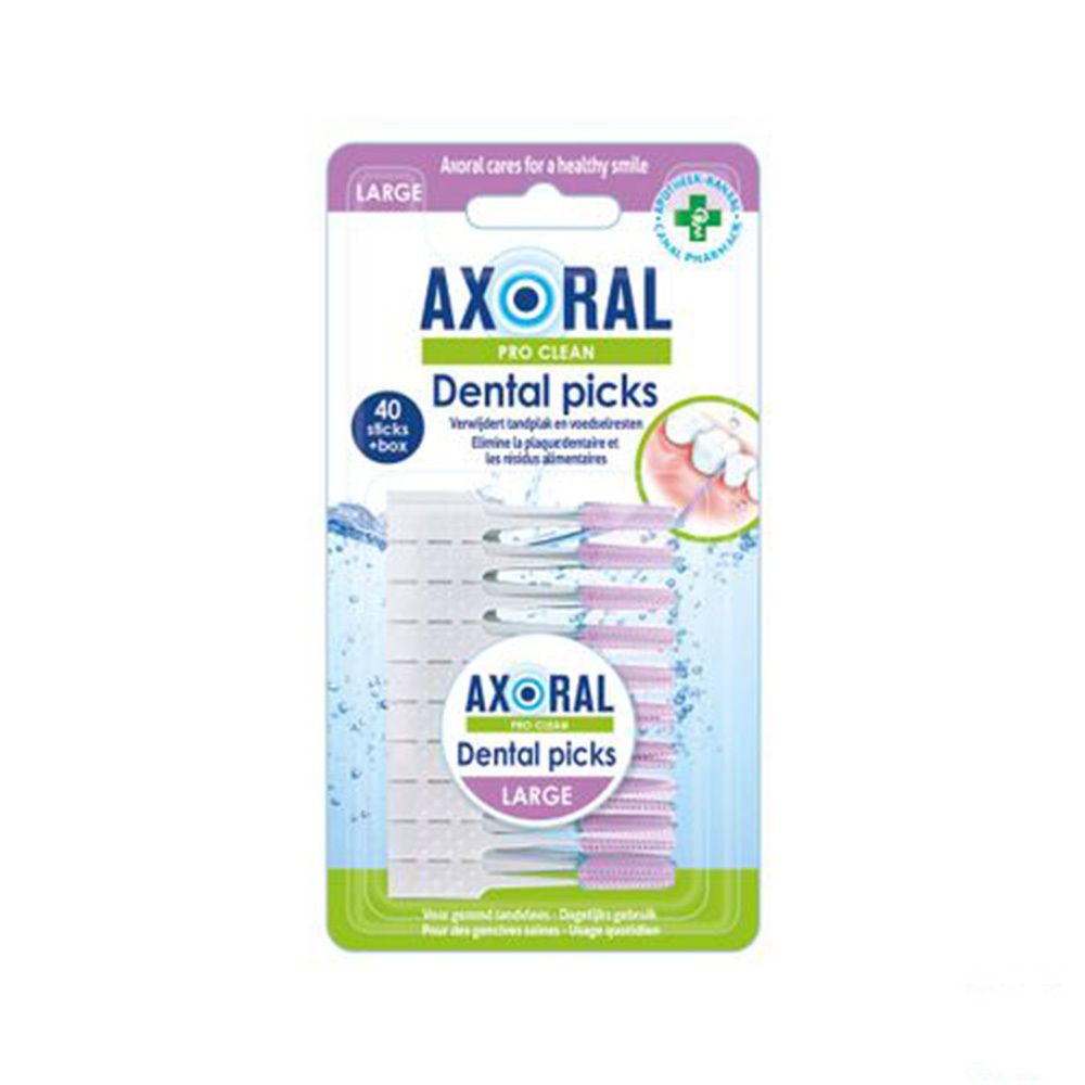 Axoral Dental Picks Large: 40 Stück im Blisterpack. Lila und weiße Interdentalbürsten.
