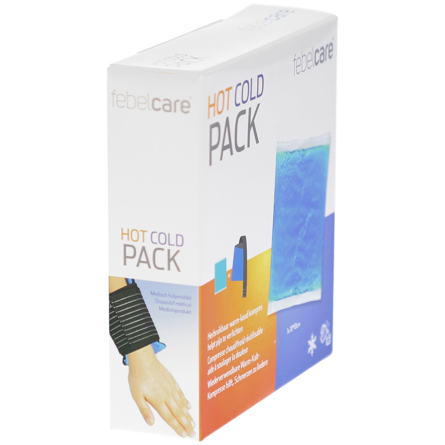 Verpackung "HOT COLD PACK" mit "febelcare" Logo. Enthält ein blaues Gel-Pack. Auf der Verpackung ist ein Arm mit Bandage abgebildet.