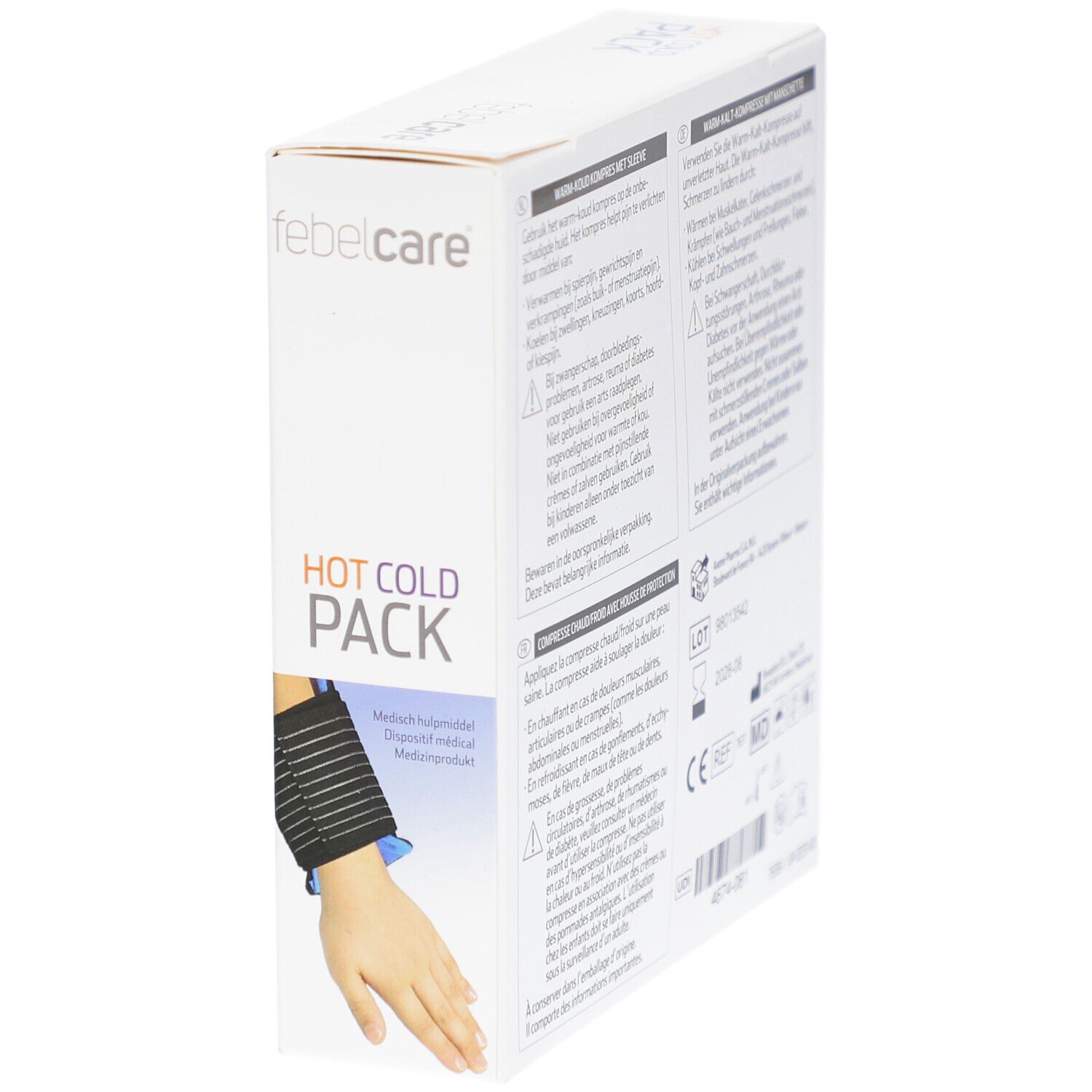 Verpackung "HOT COLD PACK" mit Texten in mehreren Sprachen. Enthält ein blaues Gel-Pack. Auf der Verpackung sind Informationen und Logos.