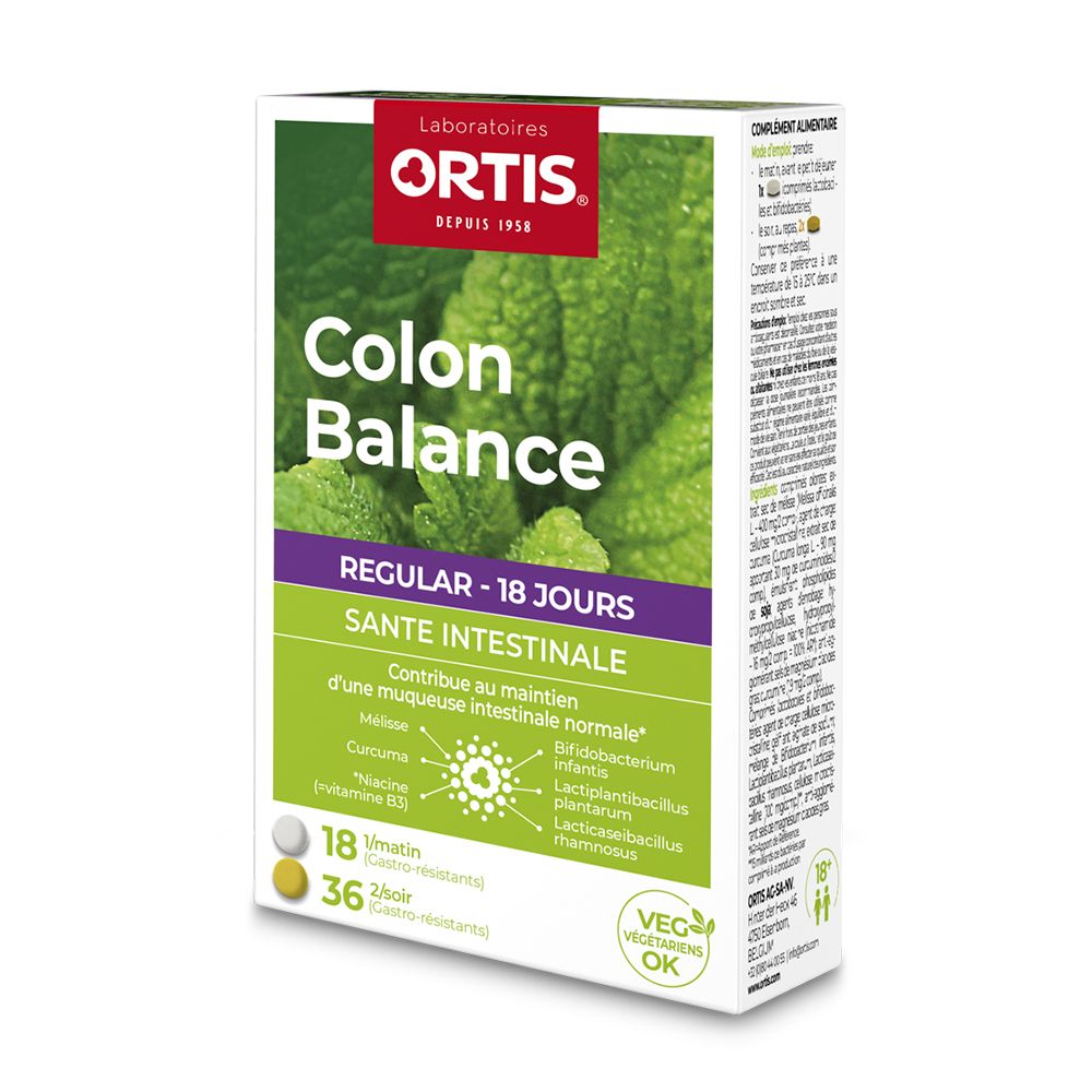 Boîte Ortis Colon Balance. Contient 18 comprimés matin et 36 soir. Fond vert avec feuilles. Ingrédients et logo végétarien.