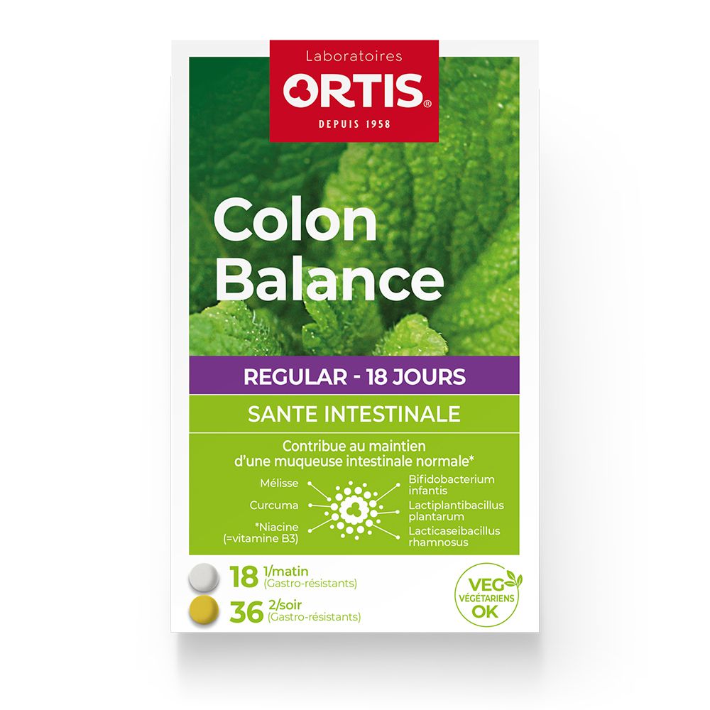 Boîte Ortis Colon Balance. 18 comprimés matin, 36 soir. Fond vert avec feuilles. Logo végétarien. Ingrédients et texte.