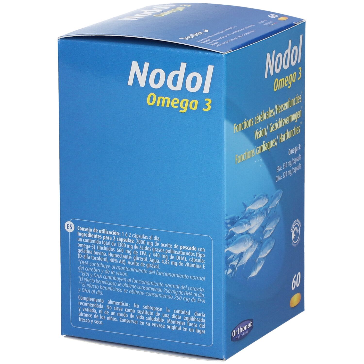 Boîte bleue 'Nodol Omega 3' avec 60 capsules. Texte: 'Fonctions cérébrales', 'Vision', 'Fonctions cardiaques'. Illustration de poissons et texte en espagnol.