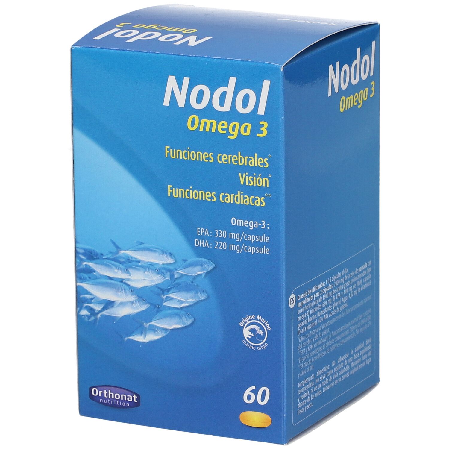 Boîte bleue 'Nodol Omega 3' avec 60 capsules. Inscriptions: 'Fonctions cérébrales', 'Vision', 'Fonctions cardiaques'. Illustration de poissons.
