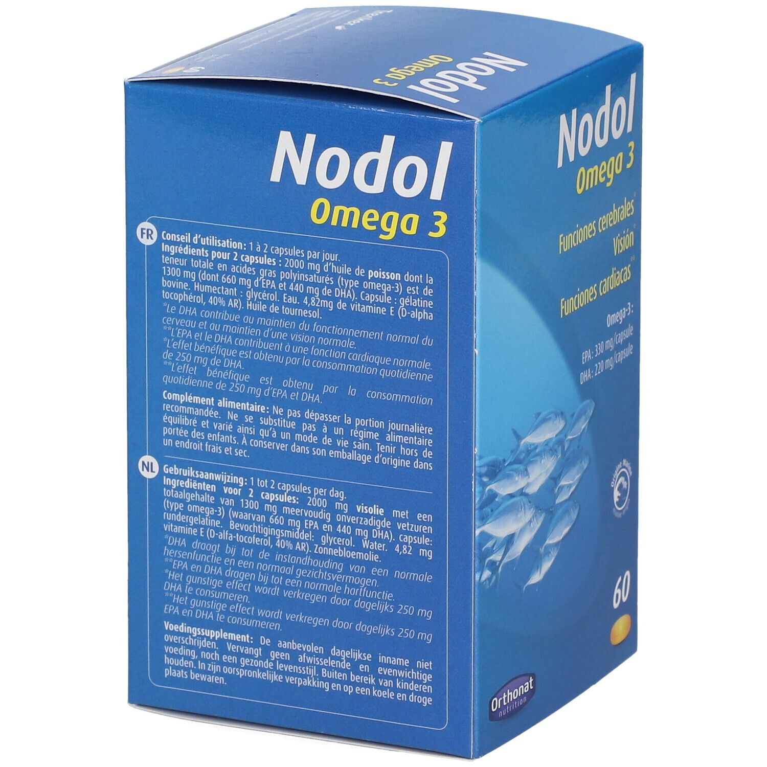 Boîte bleue 'Nodol Omega 3' avec 60 capsules. Texte en français et néerlandais. Illustration de poissons.