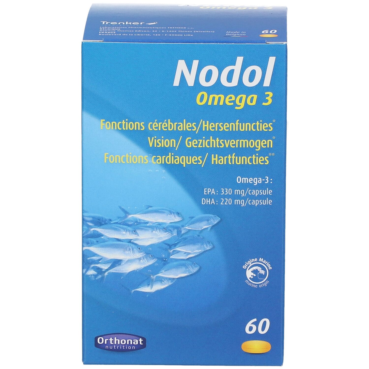 Boîte bleue 'Nodol Omega 3' avec 60 capsules. Inscriptions: 'Fonctions cérébrales', 'Vision', 'Fonctions cardiaques'. Illustration de poissons.