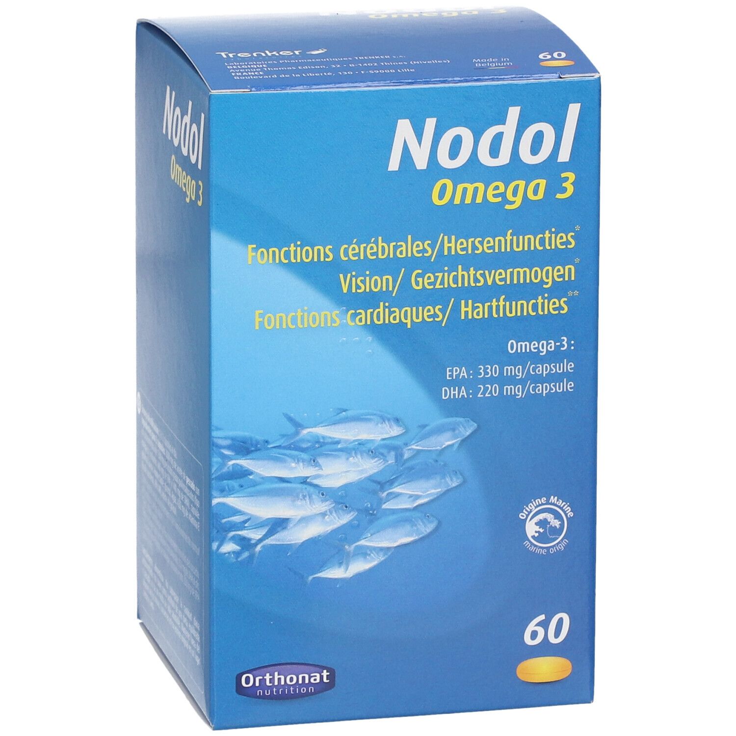 Boîte bleue 'Nodol Omega 3' avec 60 capsules. Inscriptions: 'Fonctions cérébrales', 'Vision', 'Fonctions cardiaques'. Illustration de poissons.