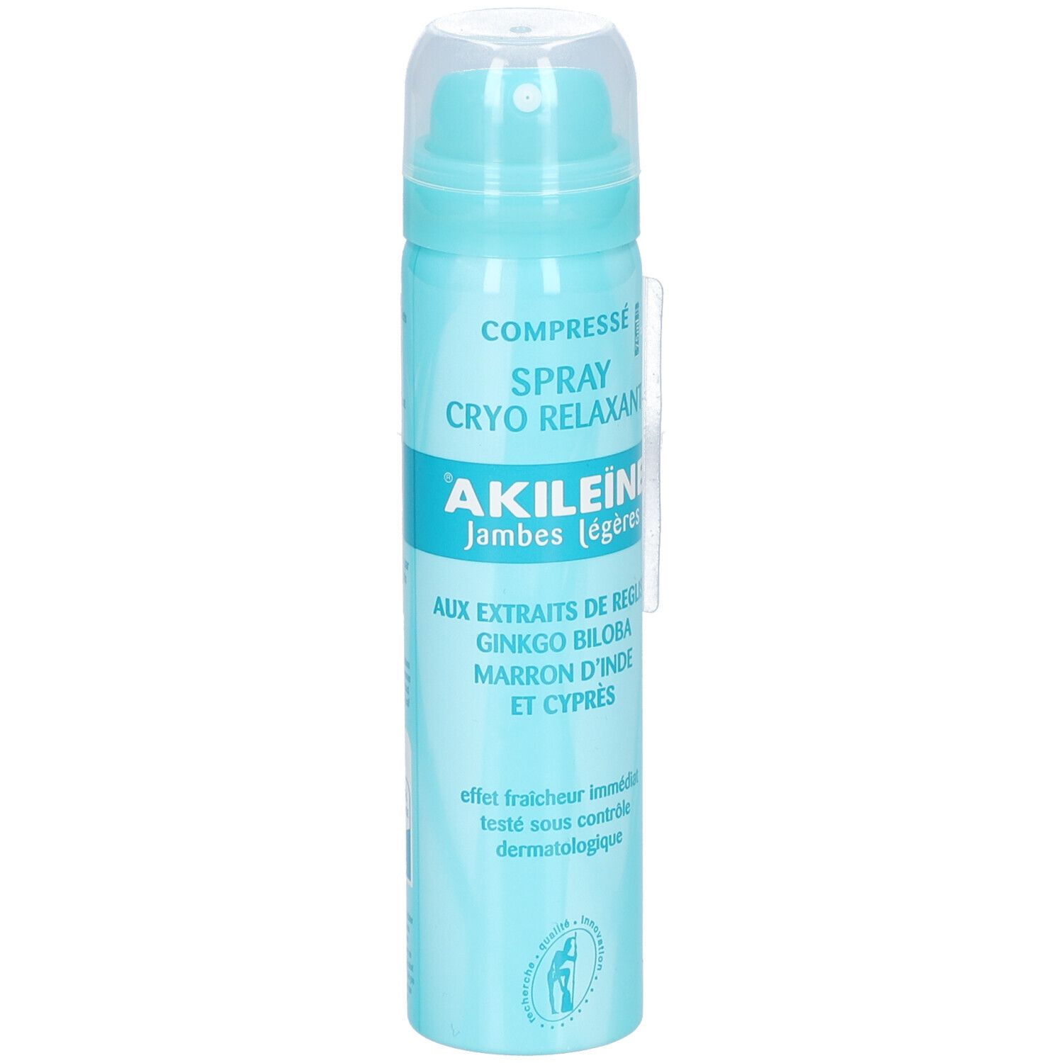 Türkisblaue Spraydose mit weißem Sprühkopf. Aufschrift: AKILEINE, CRYORELAXANT. Enthält Extrakte. Dermatologisch getestet.